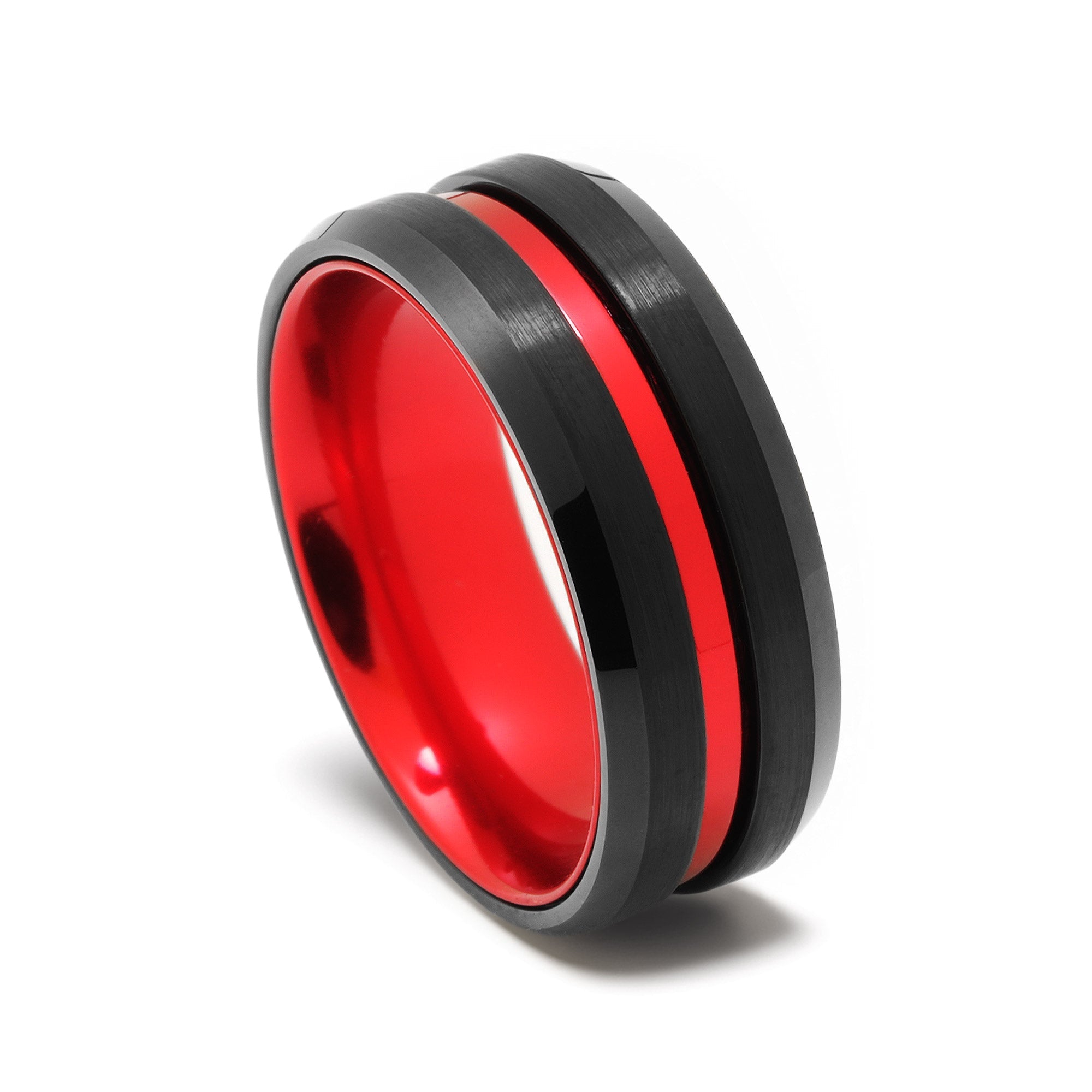 Firefighter Red Line Wedding Band for Men | 8mm Black Brushed Tungsten Ring