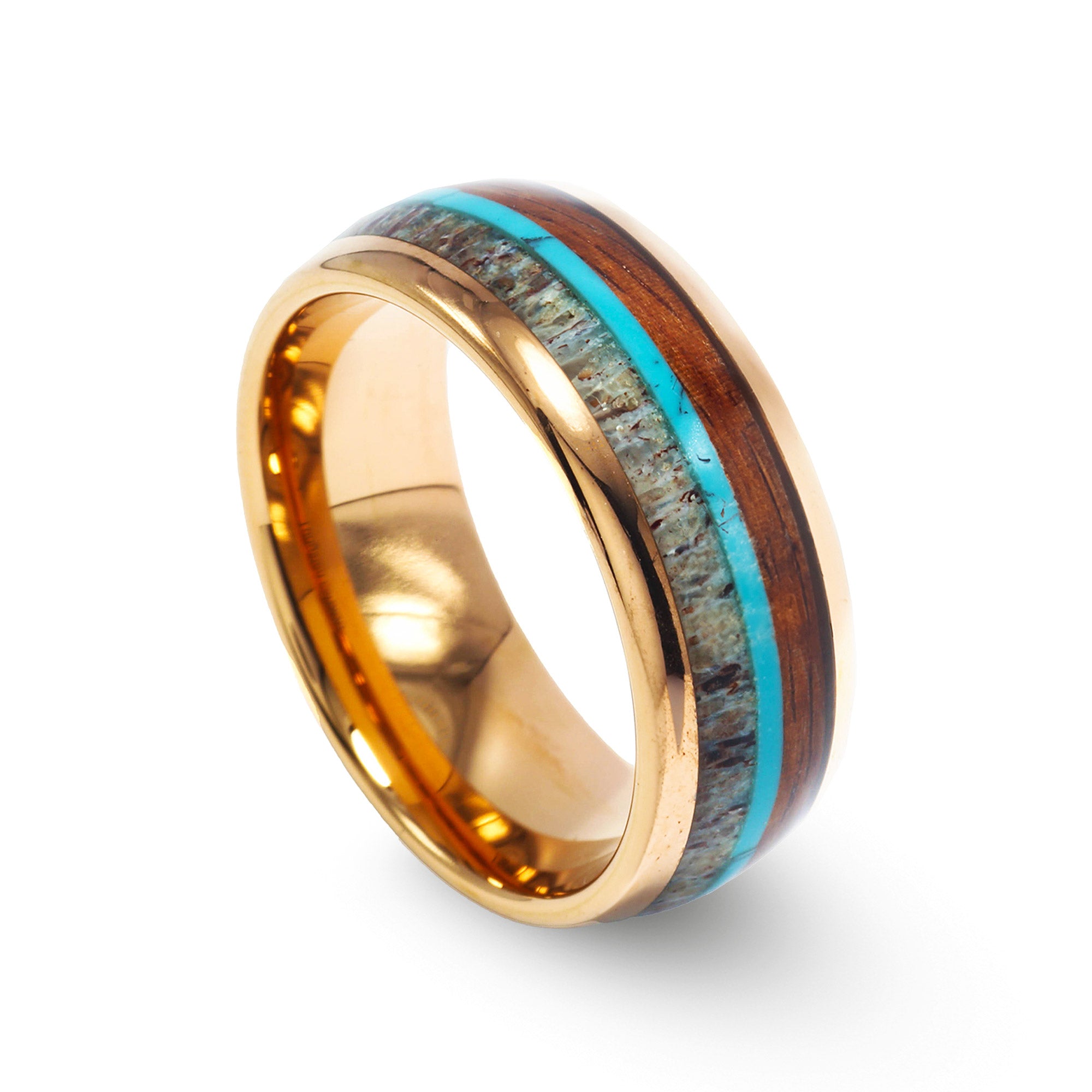 Koa Wood Deer Antler Turquoise Wedding Band for Men | 8mm Rose Gold Tungsten Ring