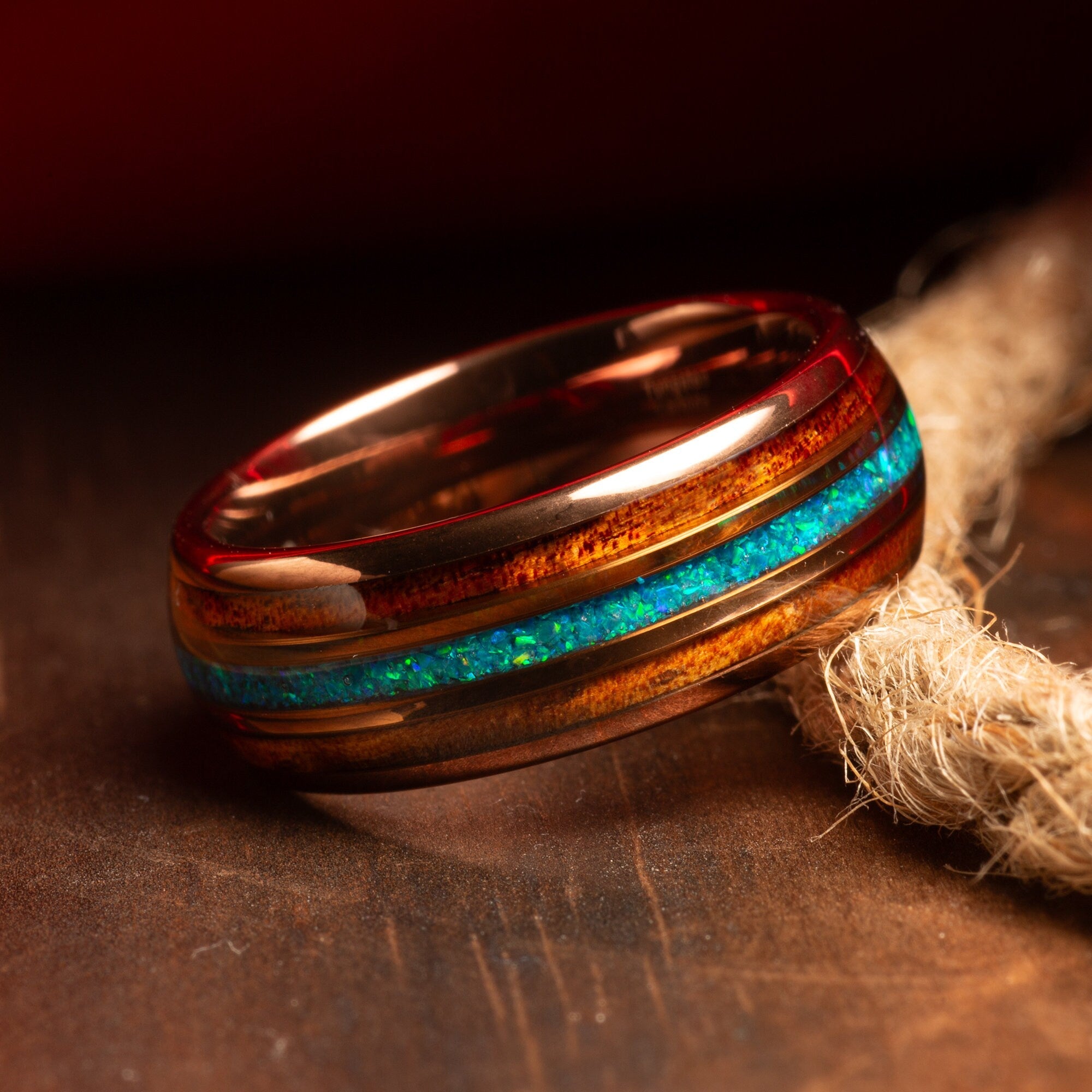Koa Wood Blue Green Opal Wedding Band for Men | 8mm Rose Gold Tungsten Ring