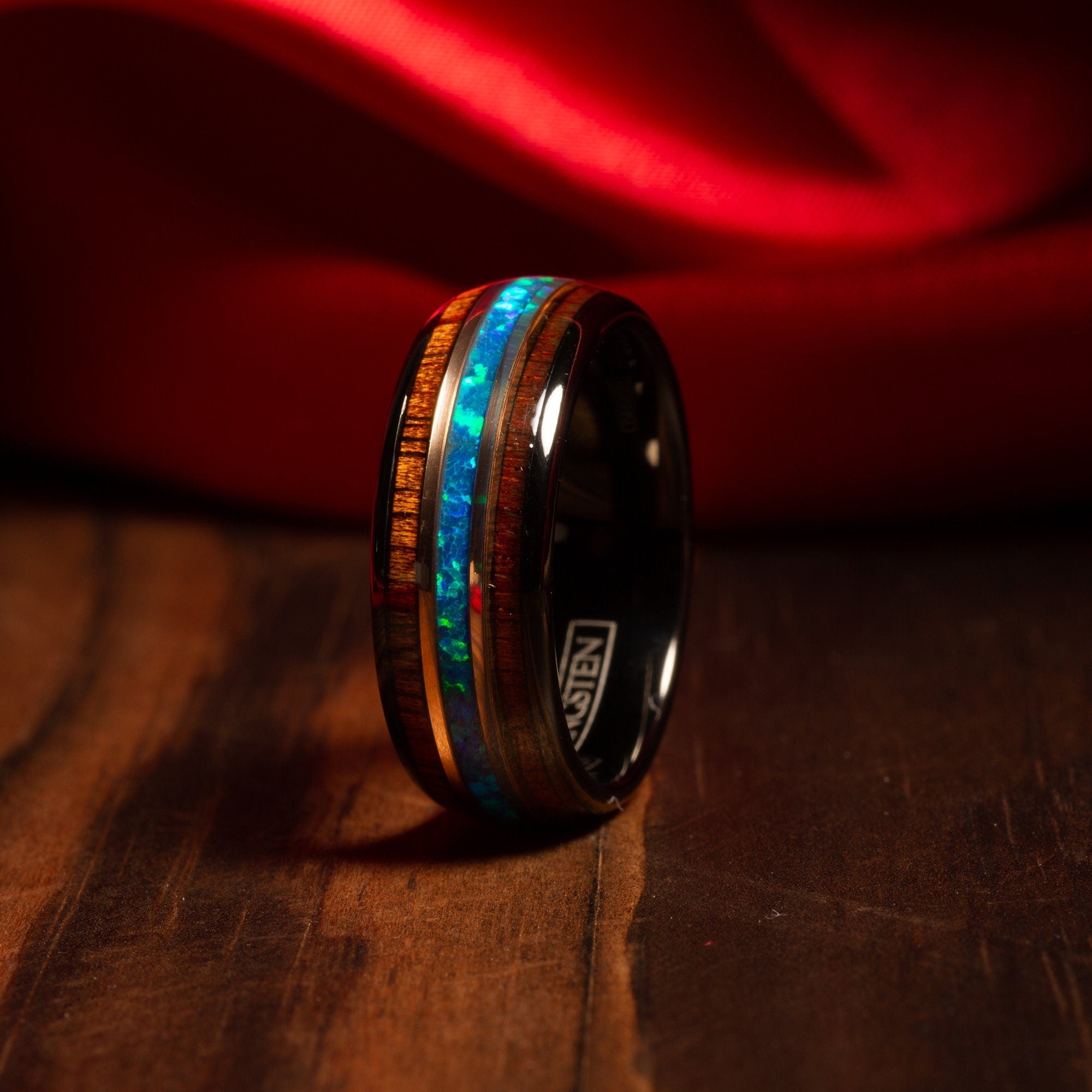 Koa Wood Blue Opal Wedding Band for Men | 8mm Black Tungsten Ring