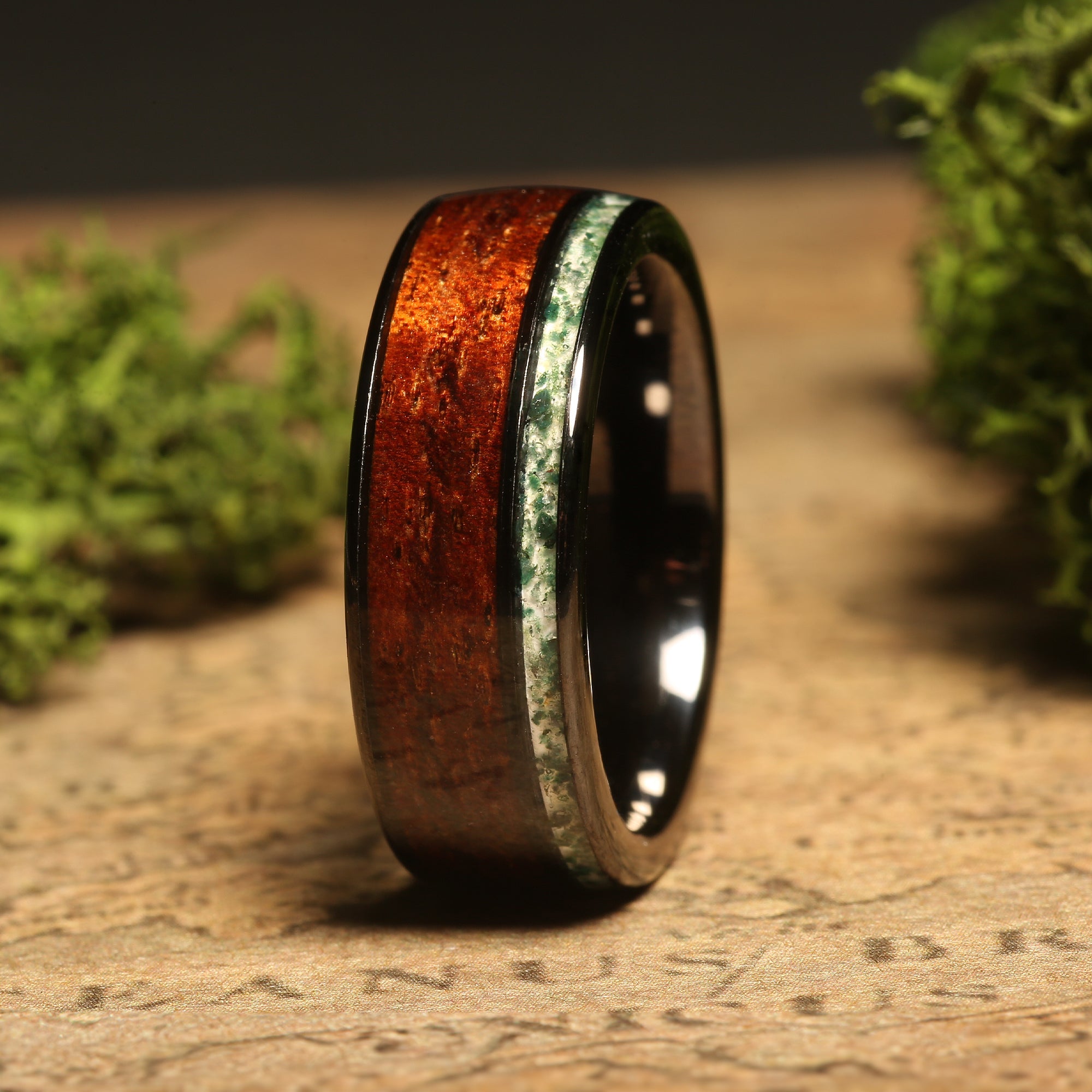 Koa Wood Moss Agate Wedding Band for Men | 8mm Black Tungsten Ring