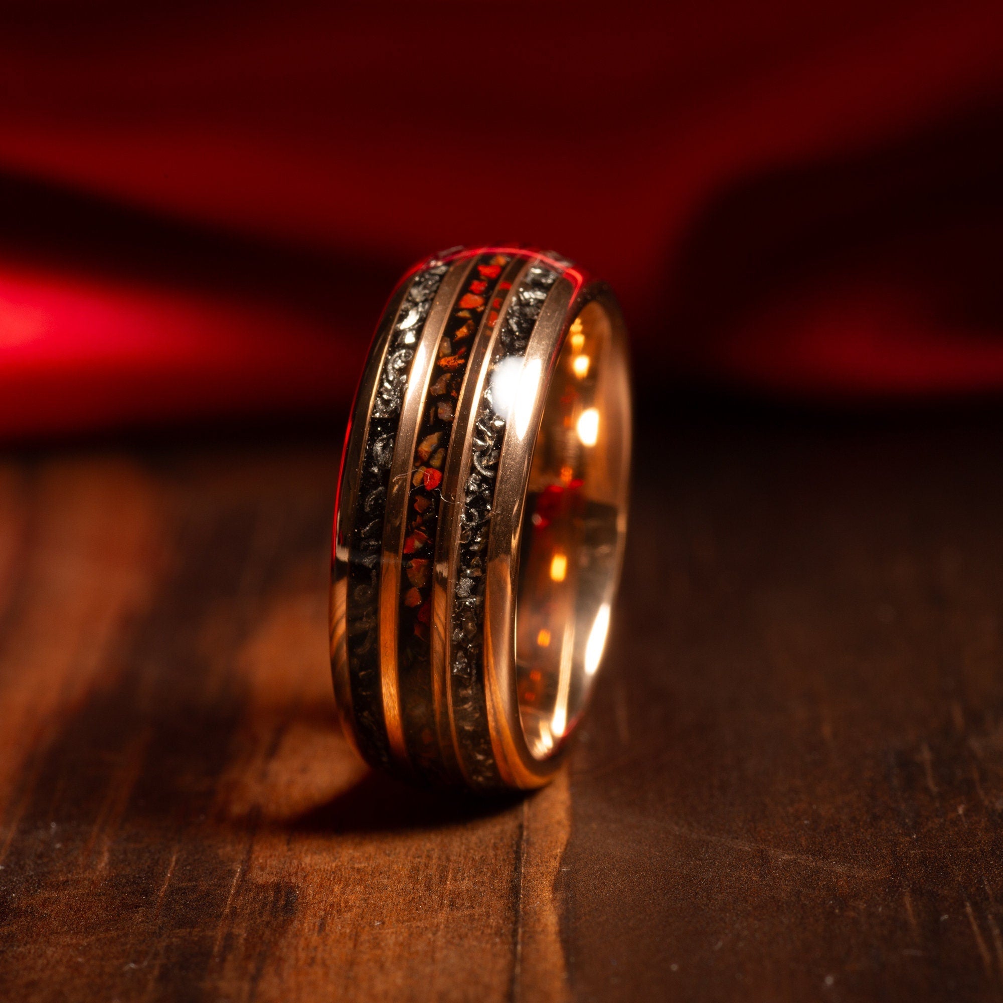 Meteorite Dinosaur Bone Wedding Band for Men | 8mm Rose Gold Tungsten Ring
