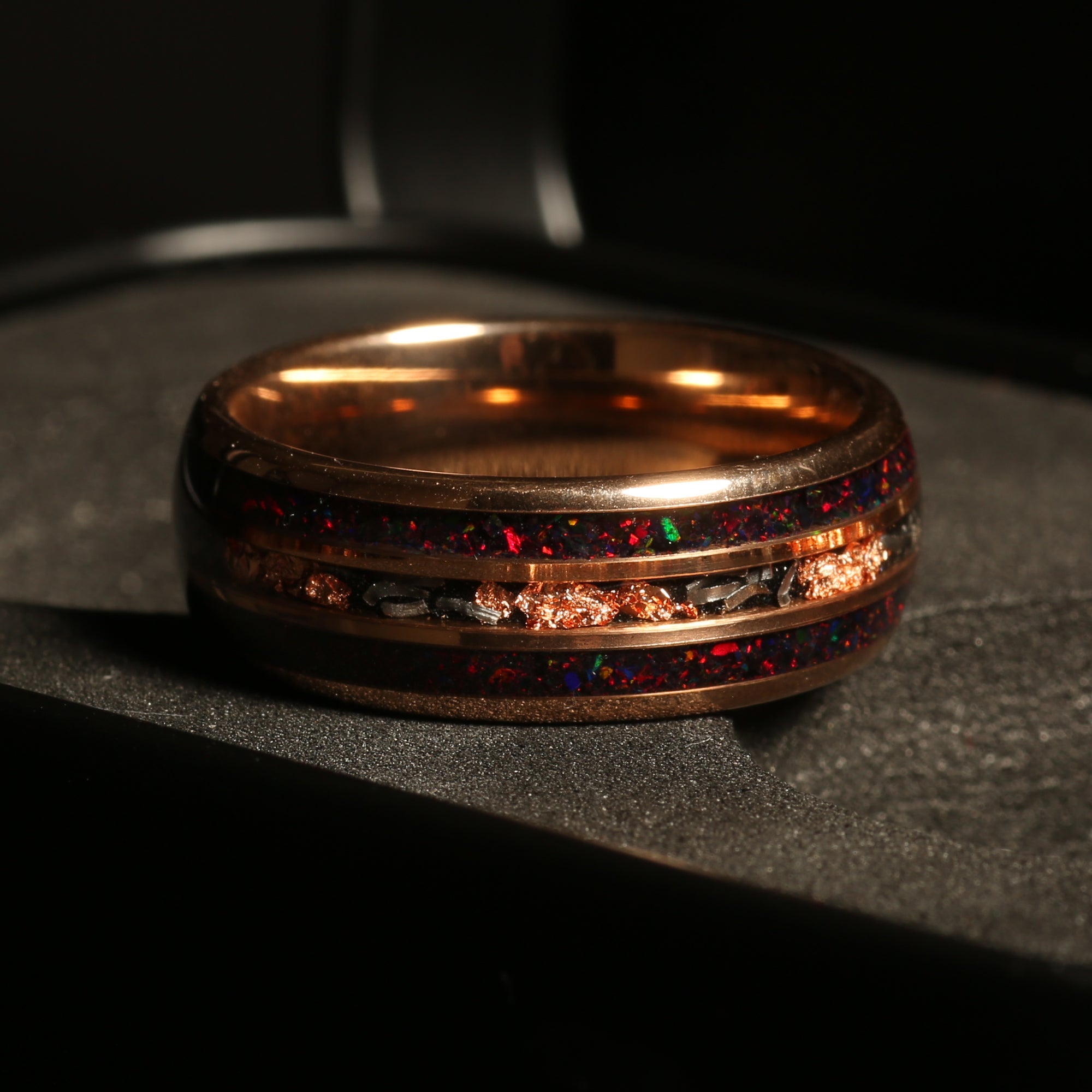Meteorite Gold Leaf Garnet Wedding Band for Men | 8mm Rose Gold Tungsten Ring