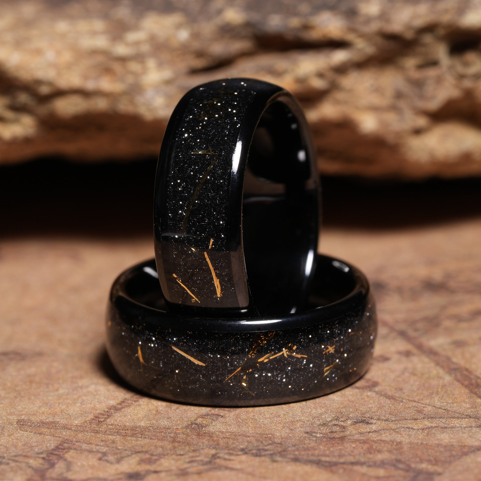 Meteorite Gold Sandstone Wedding Band for Men | 8mm Domed Black Tungsten Ring