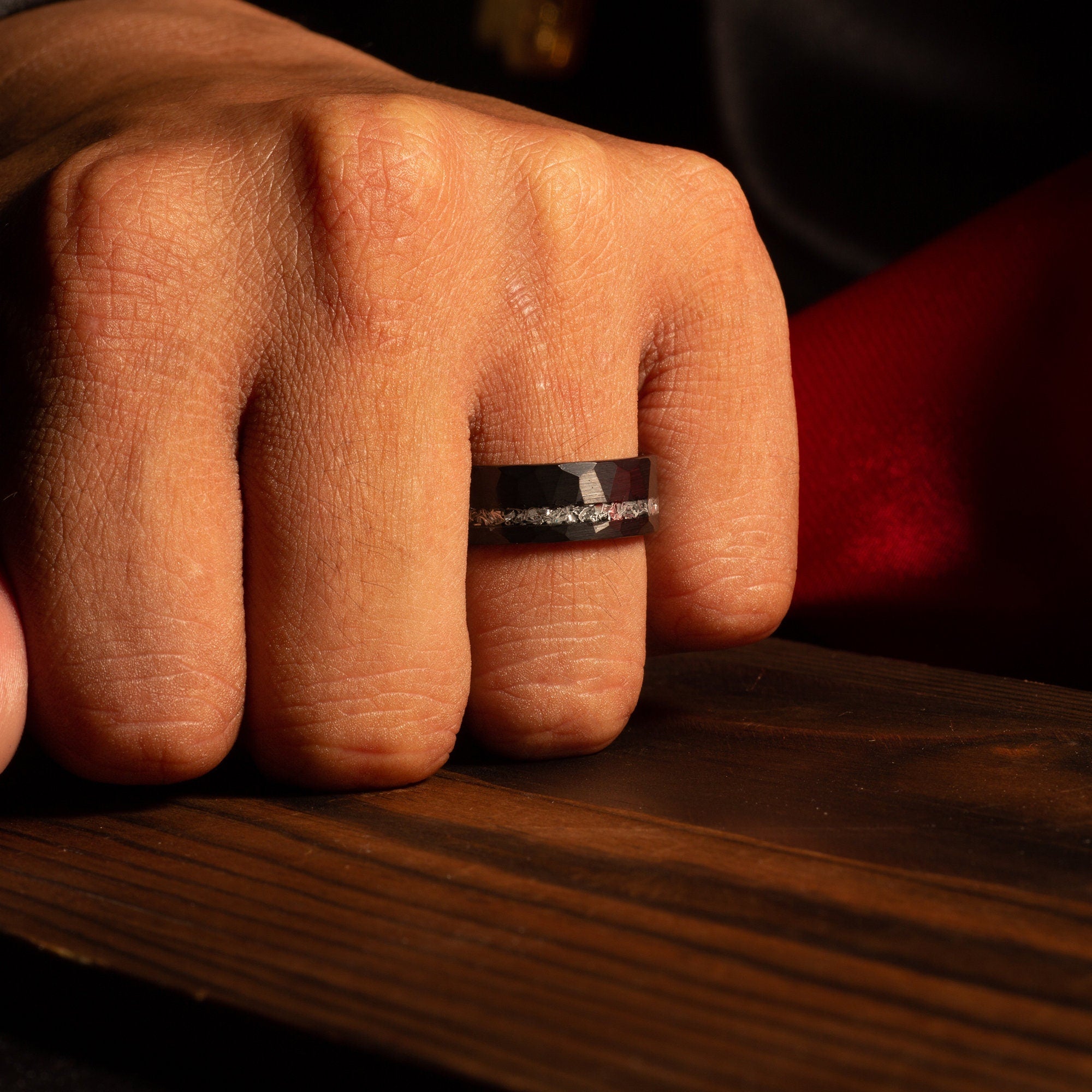 Meteorite Ring for Men | 8mm Faceted Black Tungsten Wedding Band