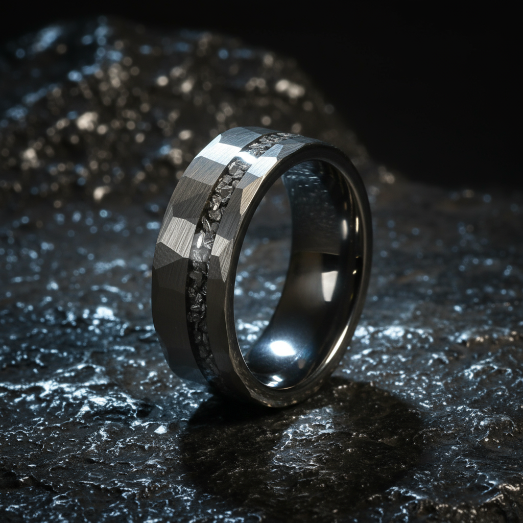 Silver Hammered Meteorite Wedding Band for Men | 8mm Tungsten Ring