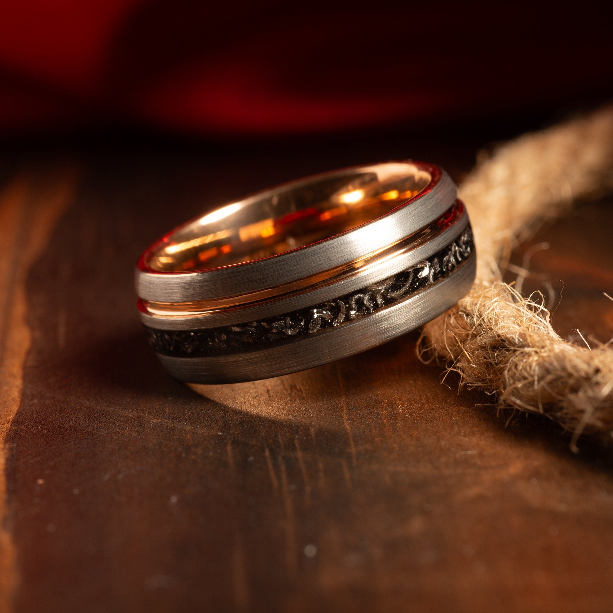 Silver Meteorite Wedding Band for Men | 8mm Tungsten Ring with Rose Gold Interior