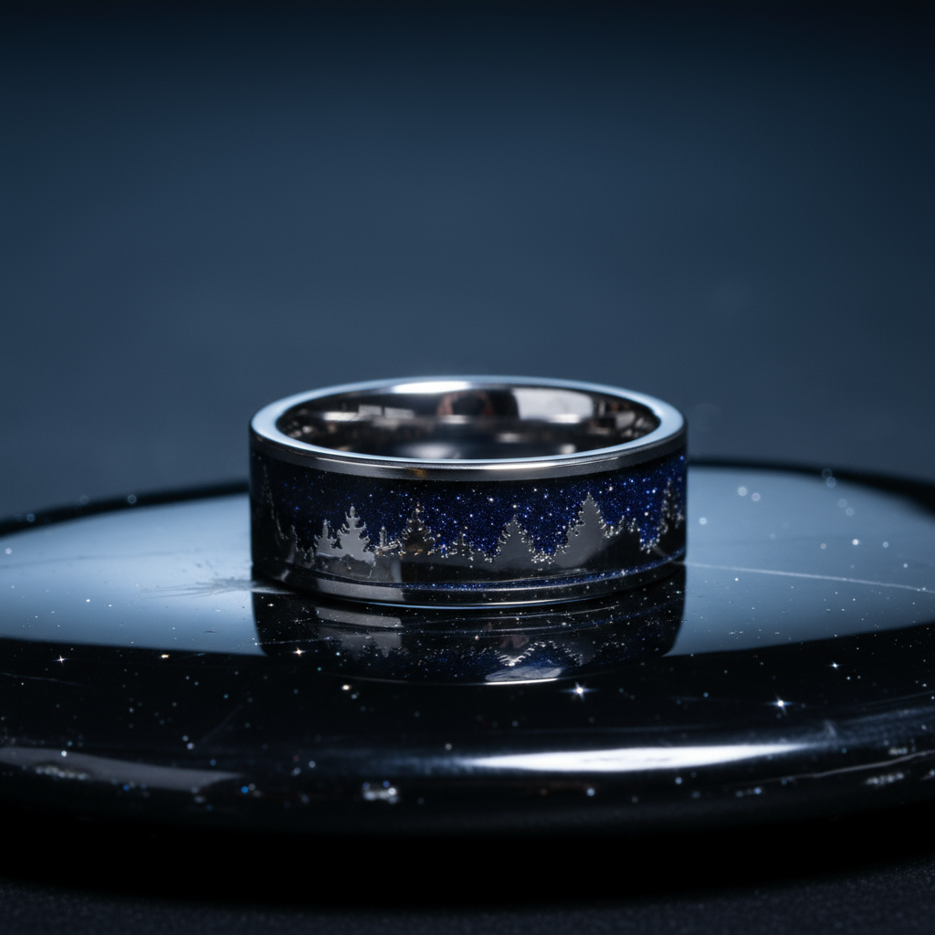 Treeline Blue Sandstone Wedding Band for Men | 8mm Silver Tungsten Ring