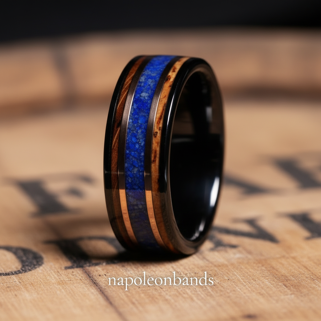 Whiskey Barrel Lapis Lazuli Wedding Band for Men | 8mm Black Tungsten Ring