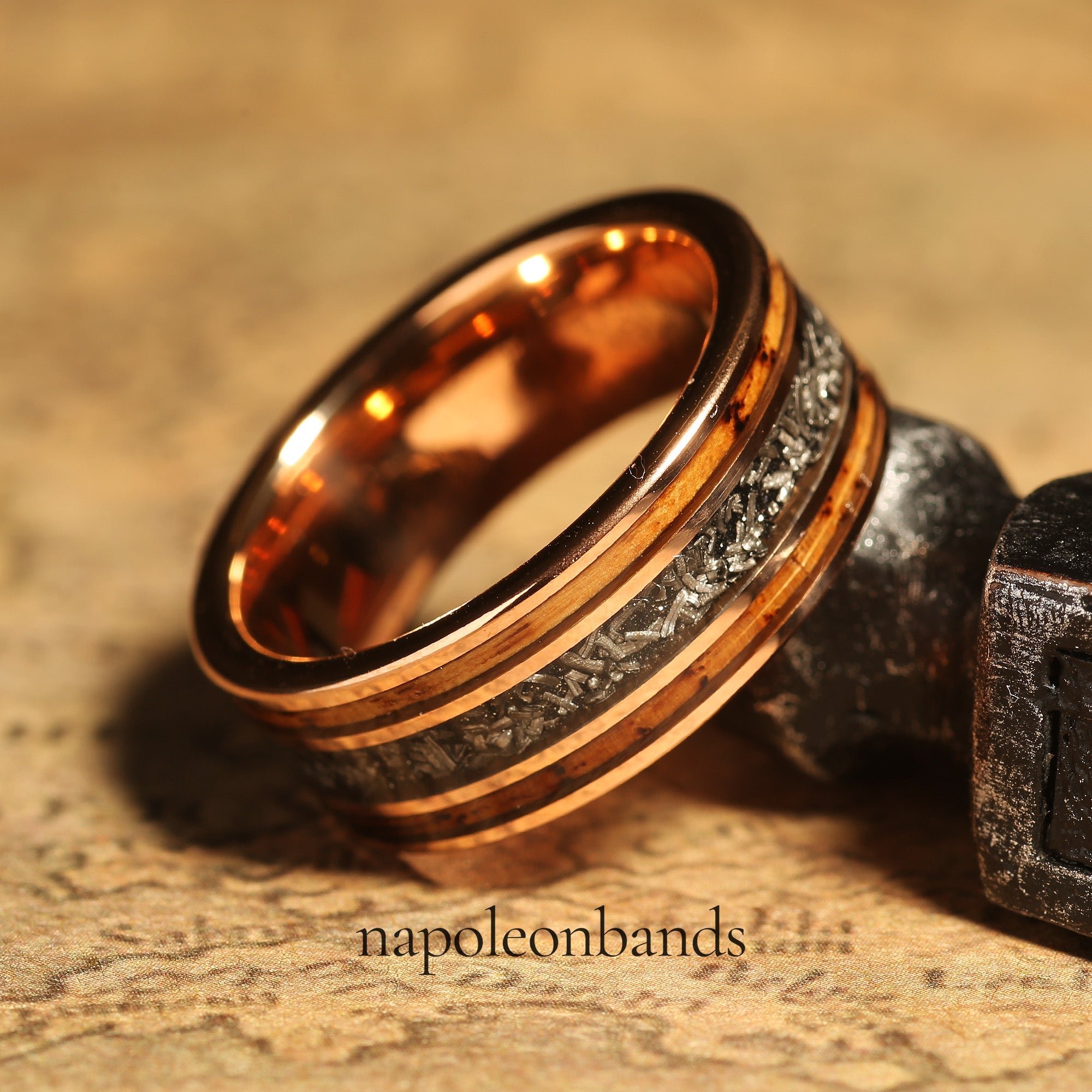 Whiskey Barrel Meteorite Wedding Band for Men | 8mm Rose Gold Tungsten Ring