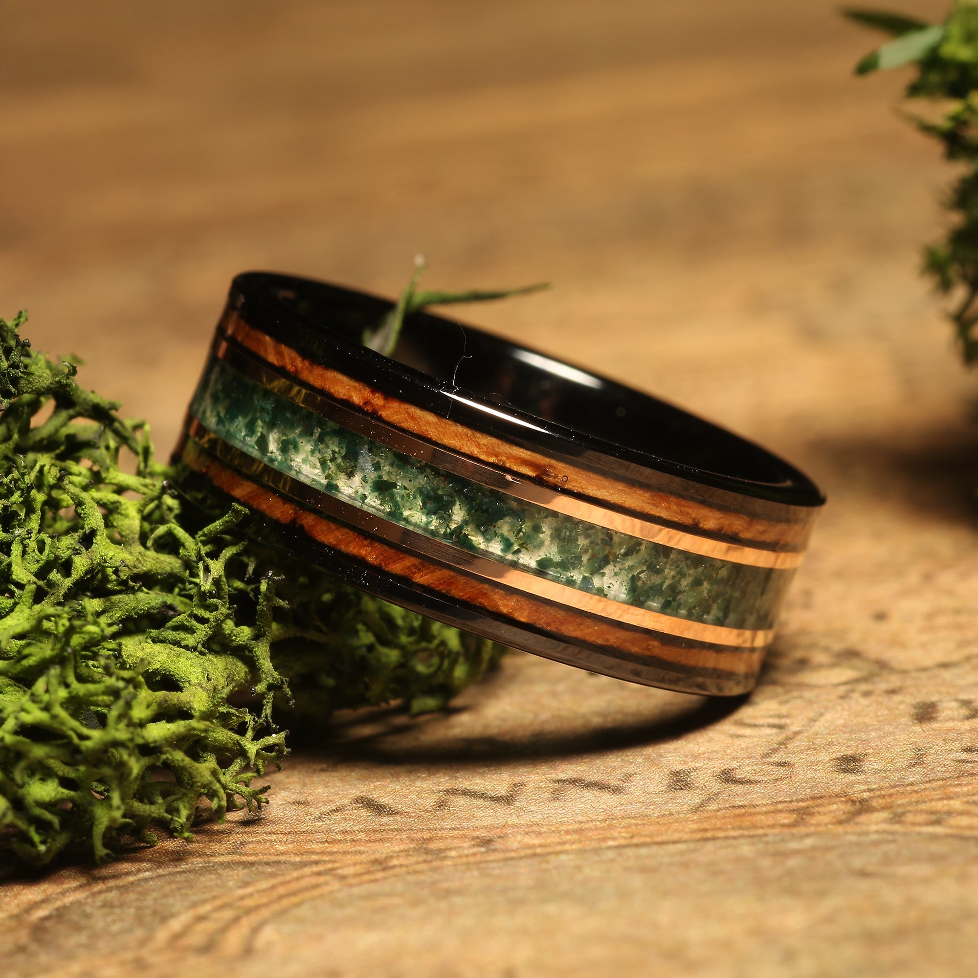 Whiskey Barrel Moss Agate Wedding Band for Men | 8mm Black Tungsten Ring