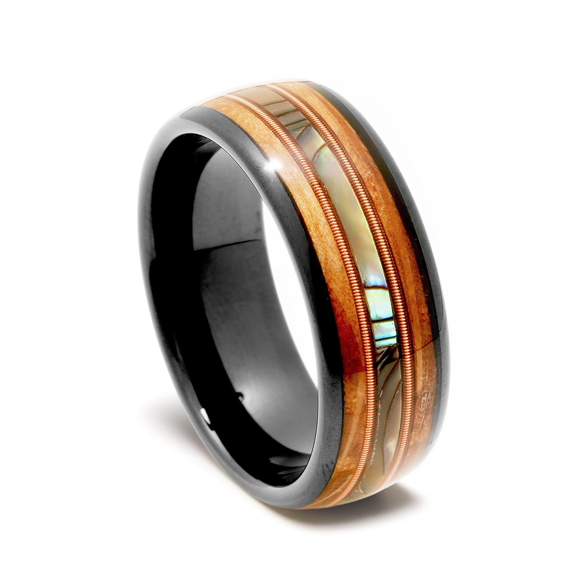 Whiskey Barrel Guitar String Abalone Wedding Band for Men | 8mm Black Tungsten Ring