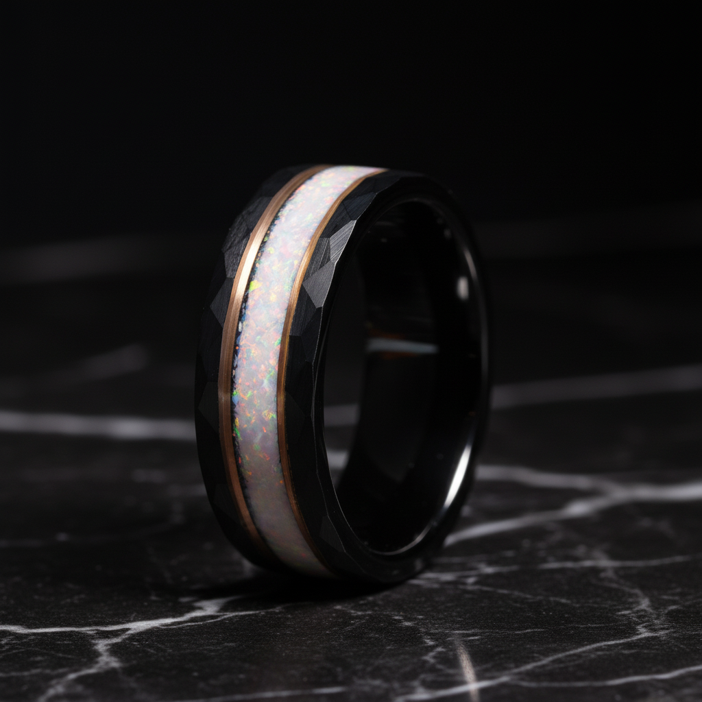 White Opal Rose Gold Strip Wedding Band for Men | 8mm Black Hammered Tungsten Ring