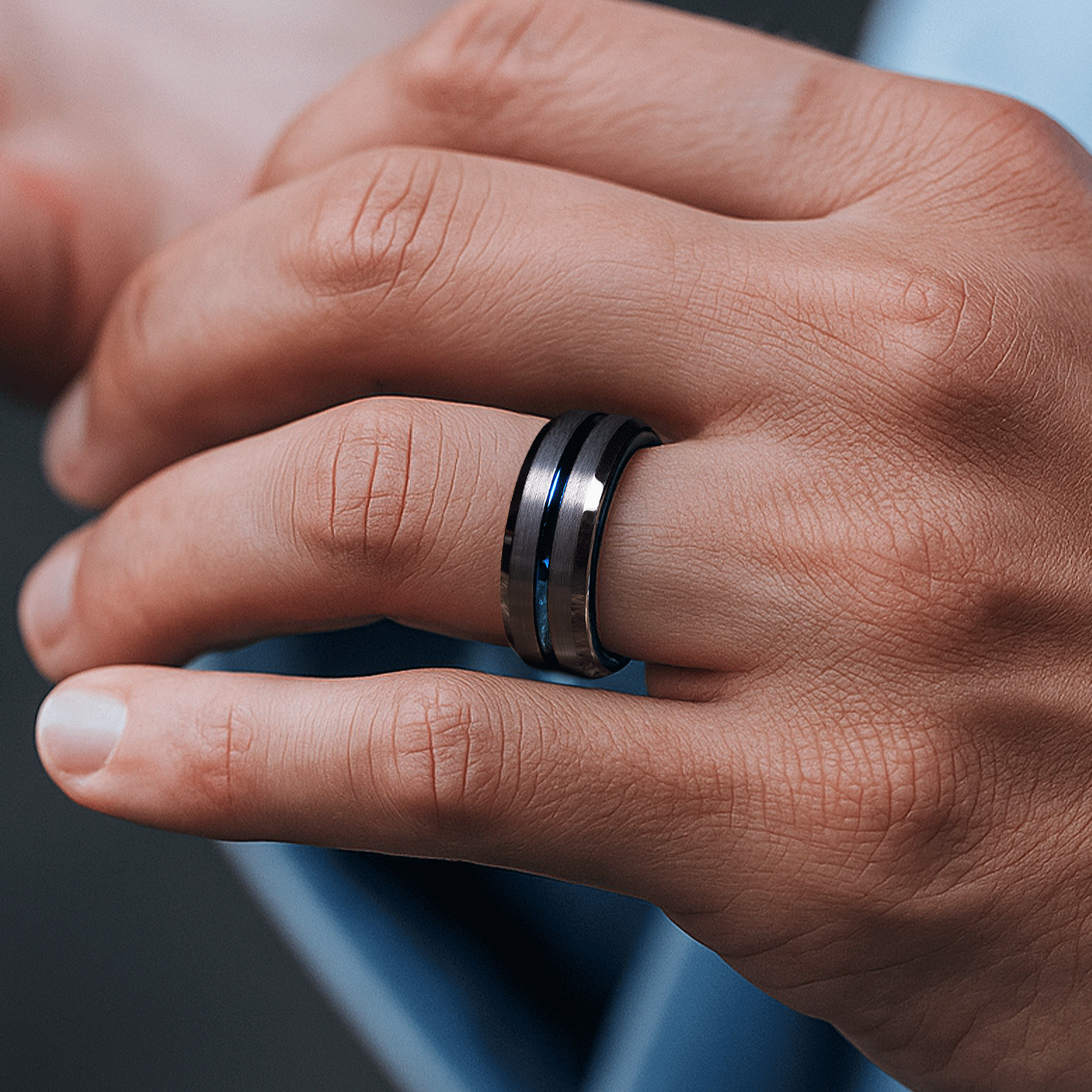 Police Blue Line Wedding Band for Men | 8mm Black Brushed Tungsten Ring