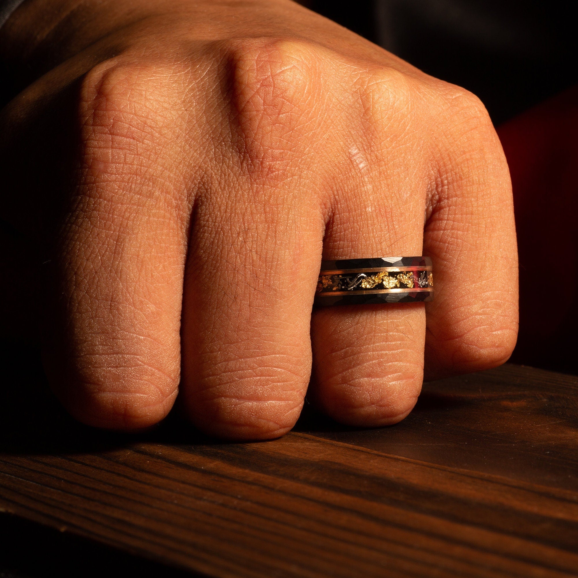 Meteorite Gold Leaf Wedding Band for Men | 8mm Black Tungsten Ring