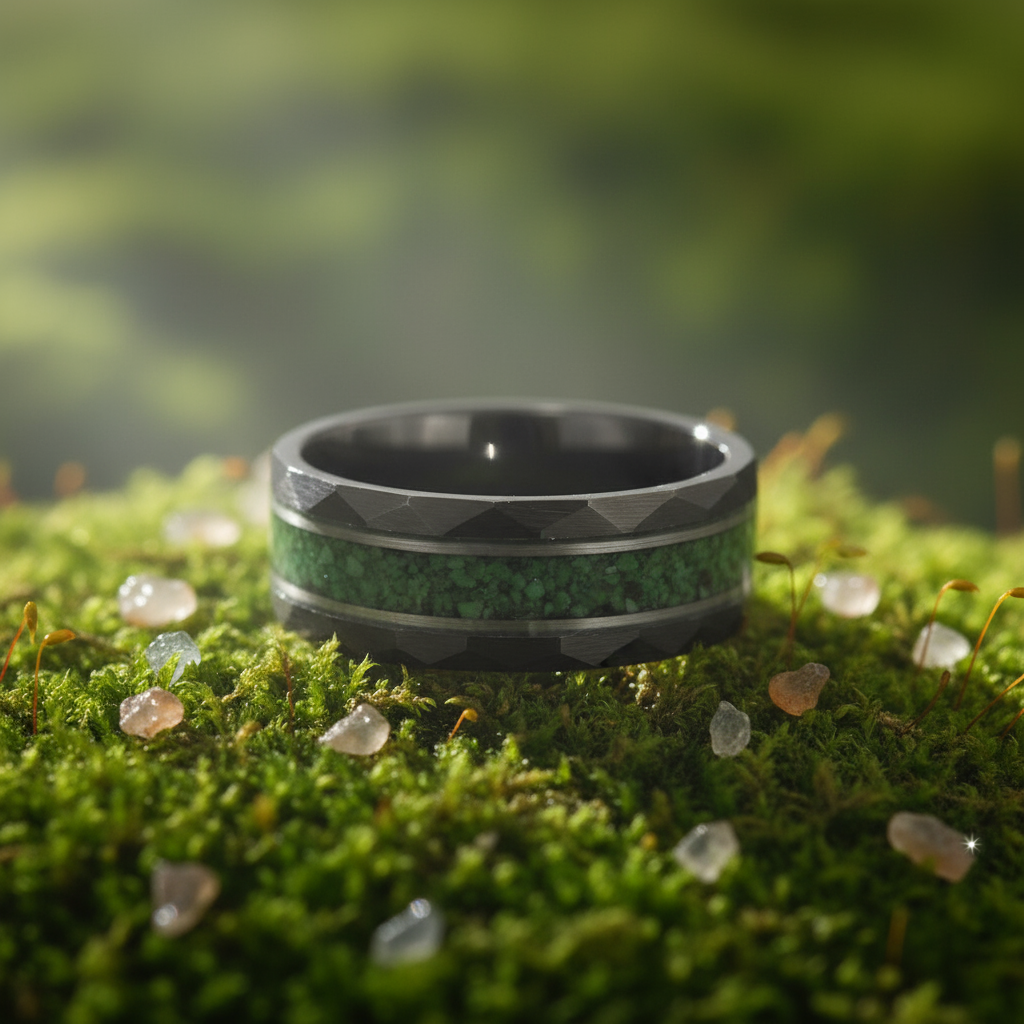 Moss Agate Silver Strip Wedding Band for Men | 8mm Black Hammered Tungsten Ring