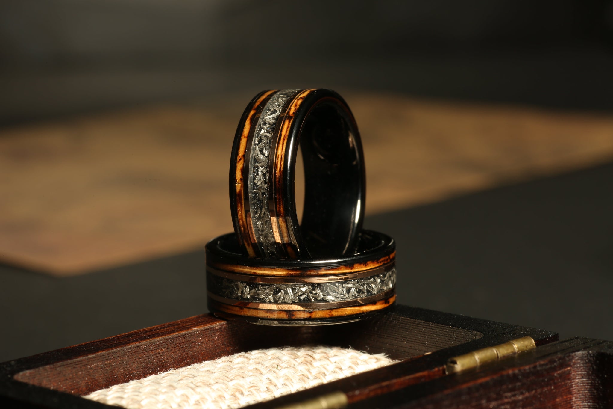 Whiskey Barrel Meteorite Wedding Band for Men | 8mm Black Tungsten Ring | Rovalt