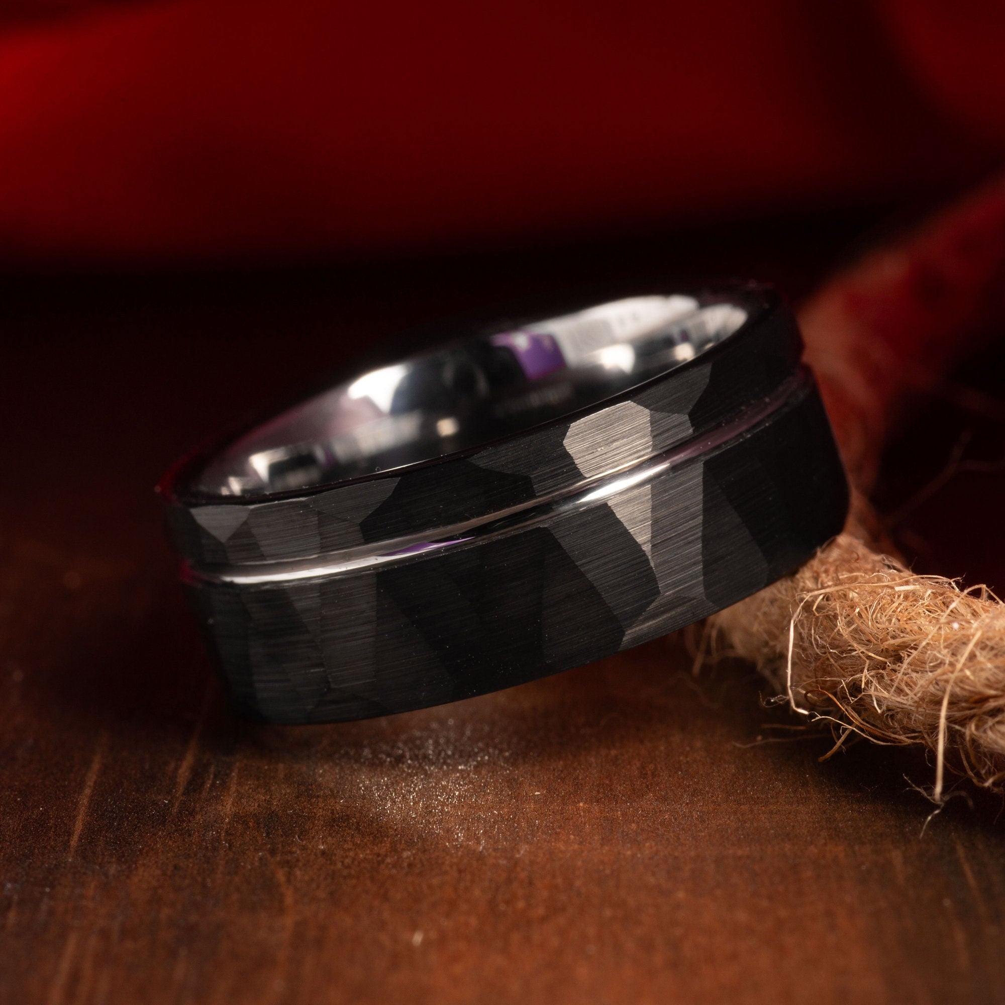 Black Hammered Tungsten Wedding Band for Men | 8mm Silver Interior Ring