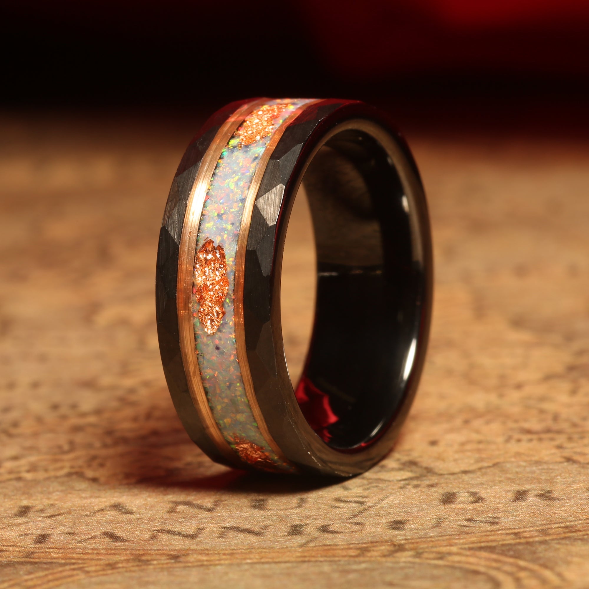 White Opal Gold Leaf Wedding Band for Men | 8mm Black Hammered Tungsten Ring