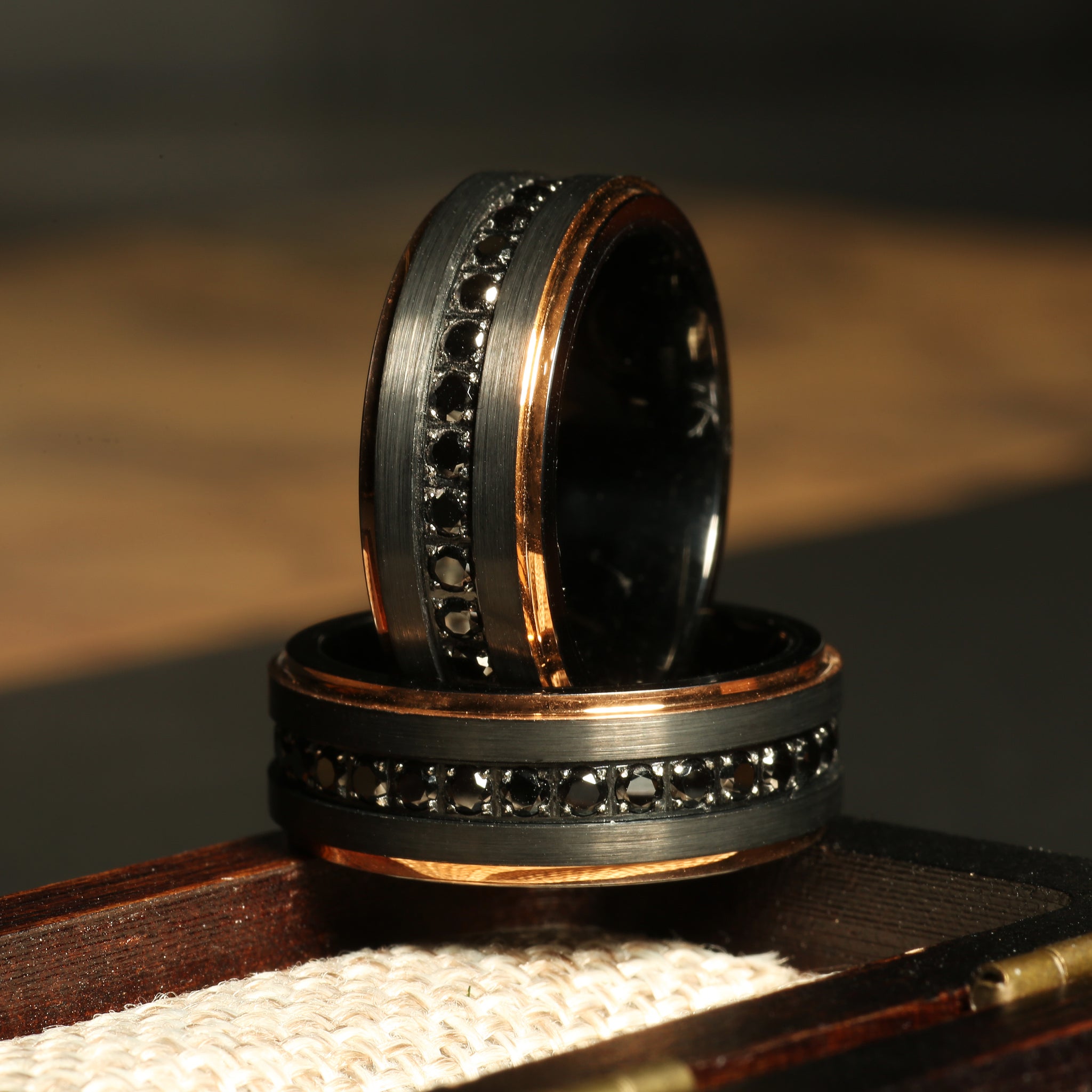 Black Zircon Wedding Band for Men | 8mm Black Tungsten Ring with Rose Gold Edge