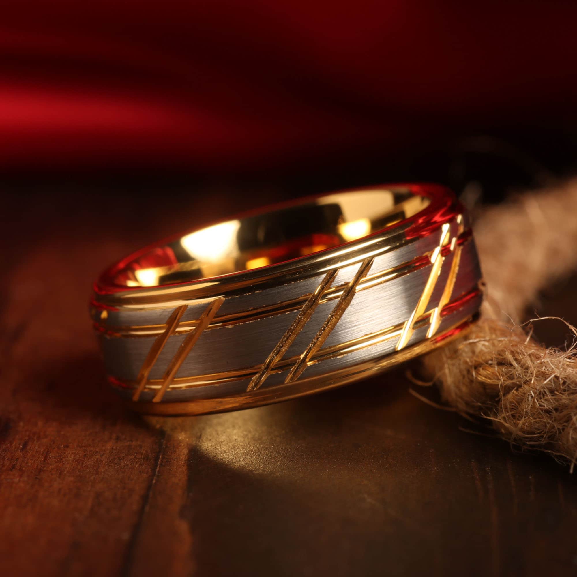 Two Tone Tungsten Wedding Band for Men | 8mm Brushed Silver Gold Ring