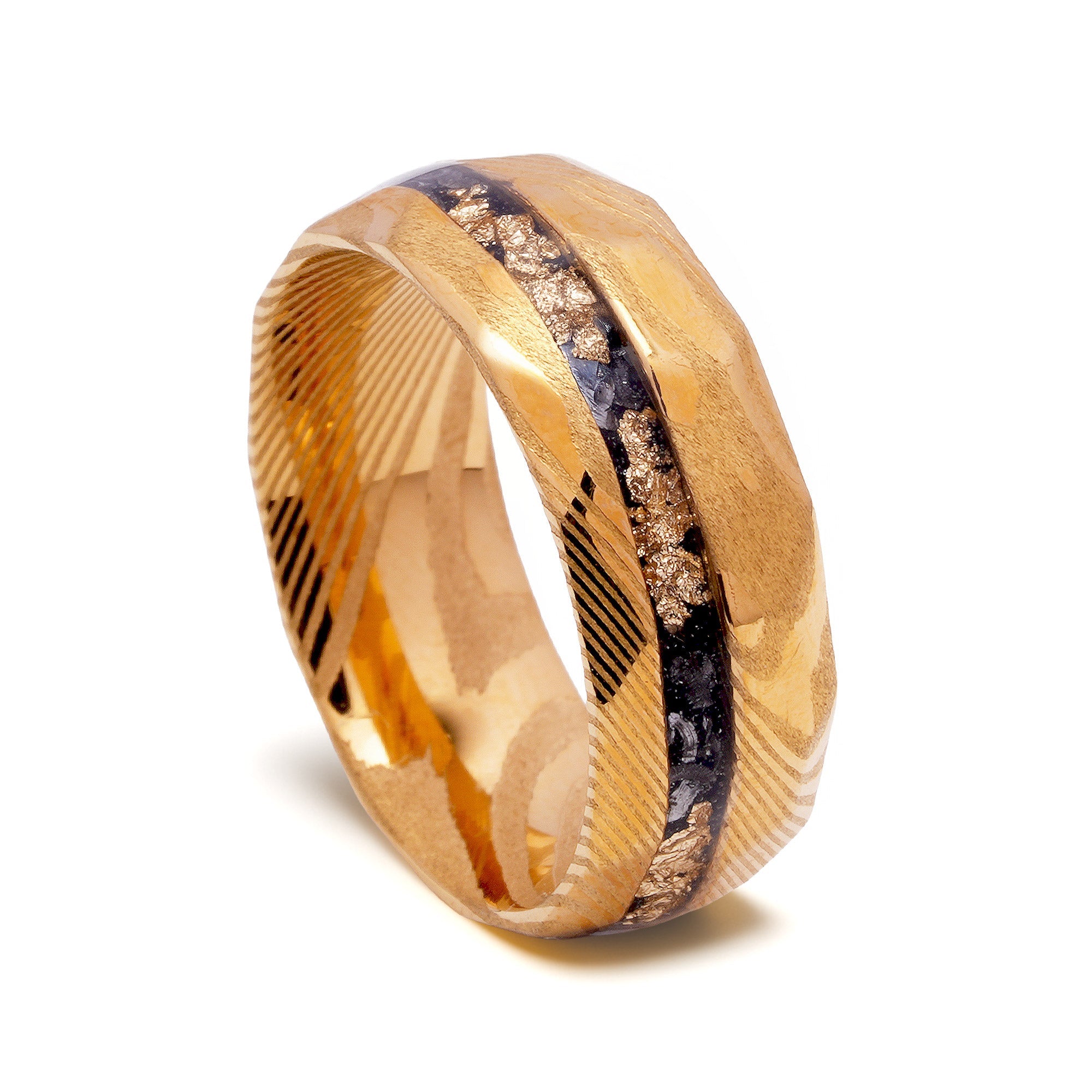 Meteorite Obsidian Gold Leaf Damascus Wedding Band for Men | 8mm Forged Ring