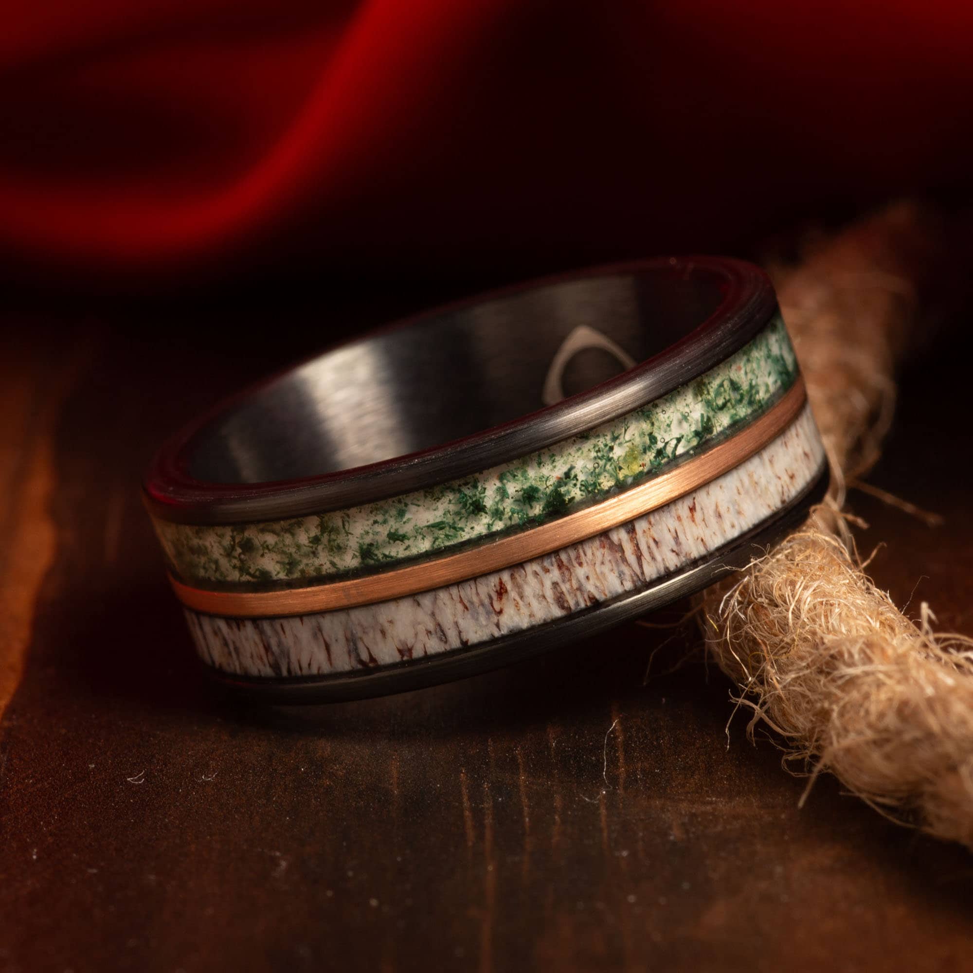 Moss Agate Deer Antler Wedding Band for Men | 8mm Rose Gold Tungsten Ring