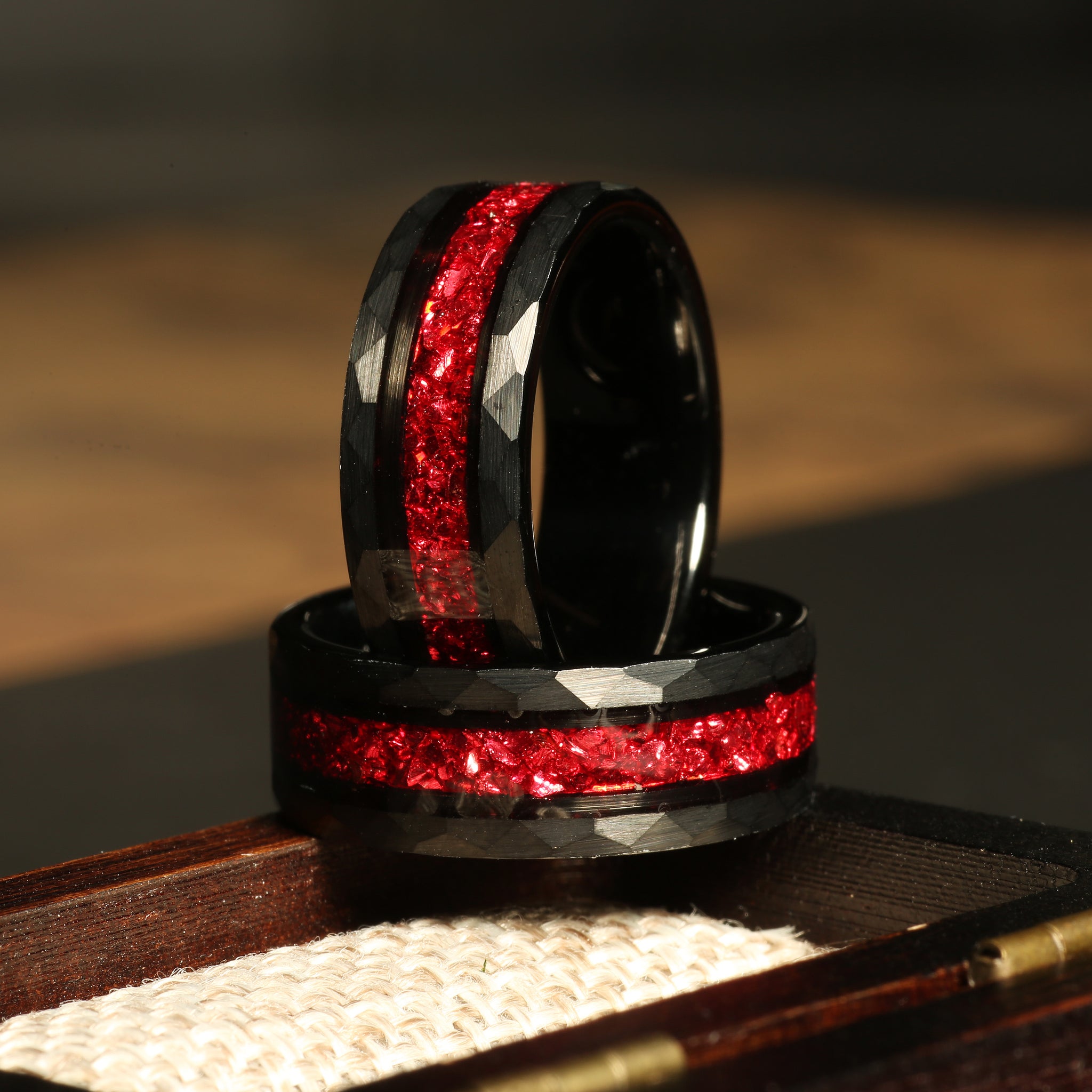 Ruby Wedding Band for Men | 8mm Black Hammered Tungsten Ring