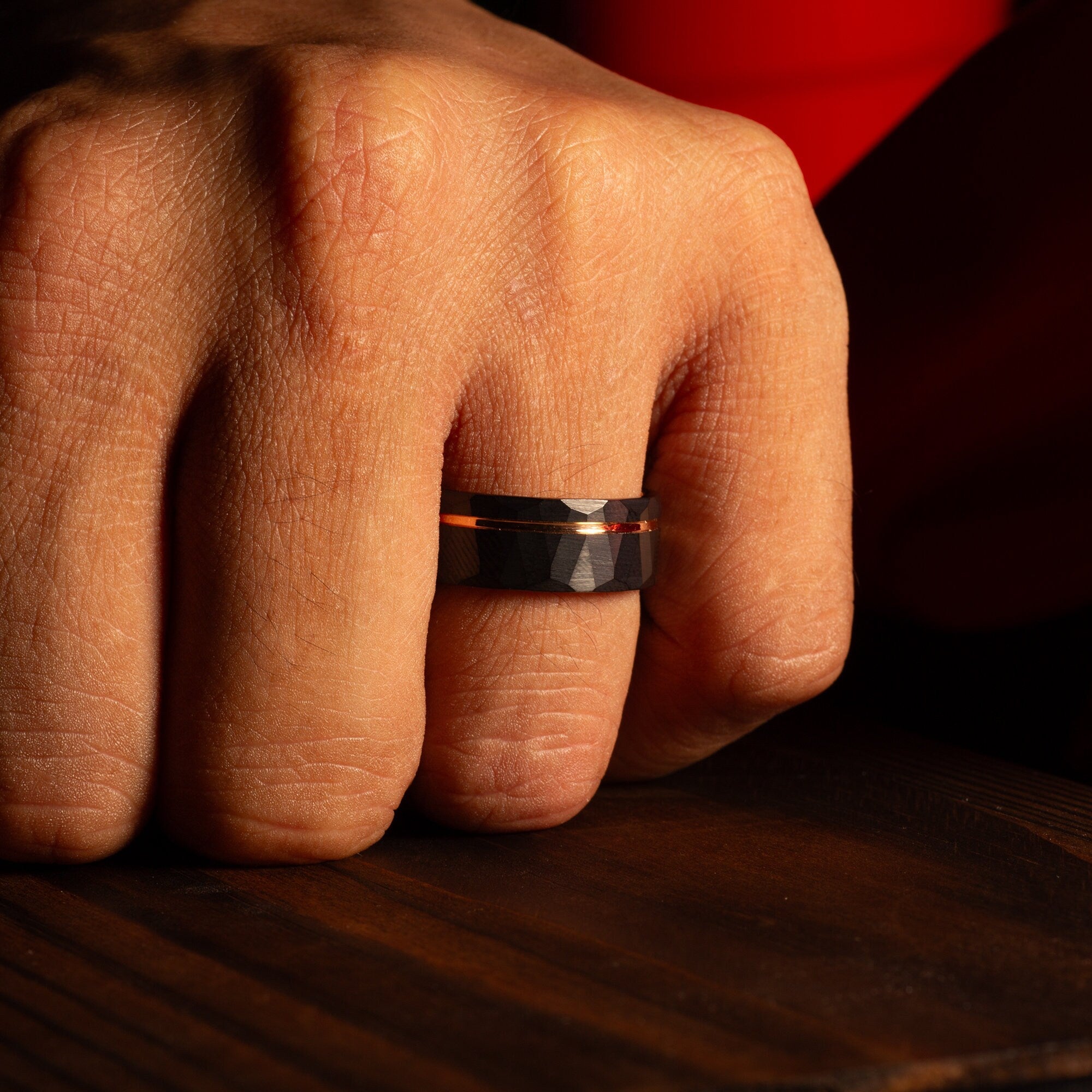 Rose Gold Strip Wedding Band for Men | 8mm Hammered Tungsten Ring
