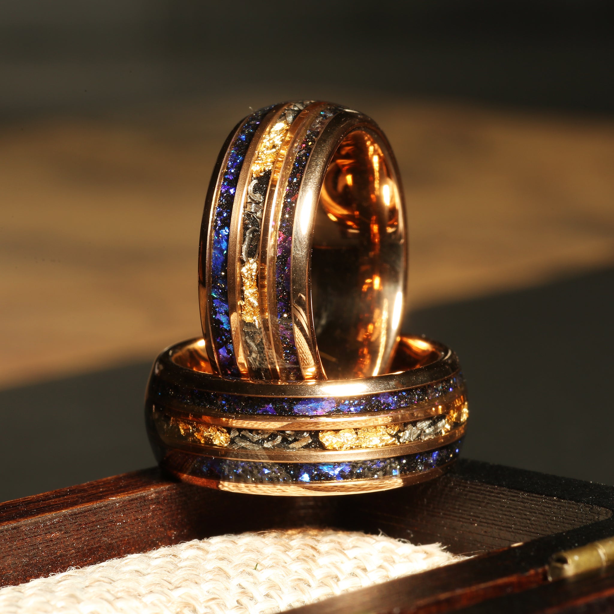 Meteorite Blue Opal Gold Leaf Wedding Band for Men | 8mm Rose Gold Tungsten Ring