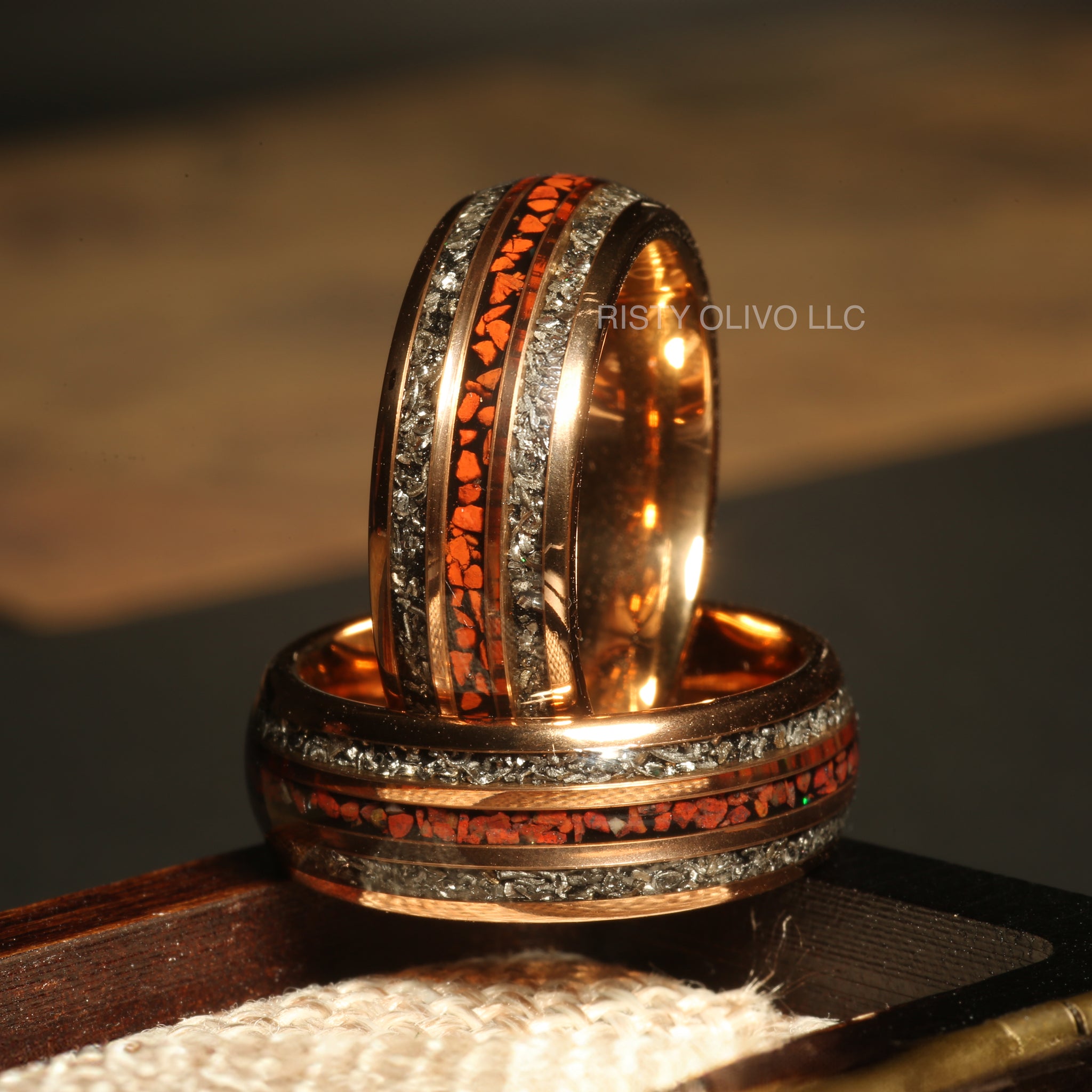 Meteorite Dinosaur Bone Wedding Band for Men | 8mm Rose Gold Tungsten Ring