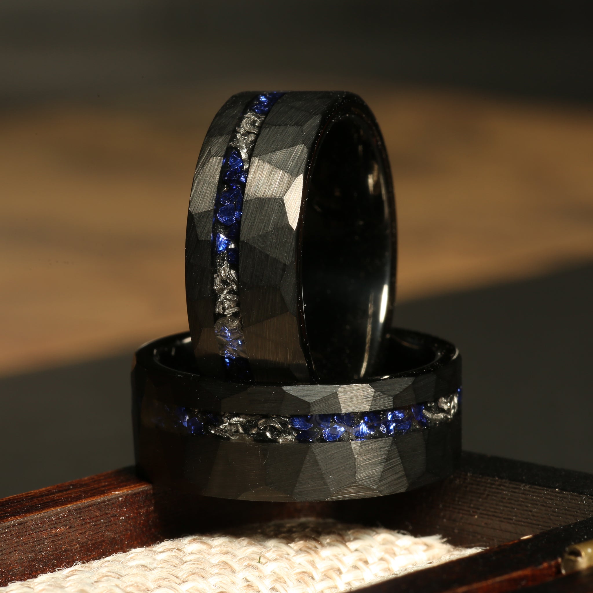 Meteorite Sapphire Wedding Band for Men | 8mm Black Tungsten Ring