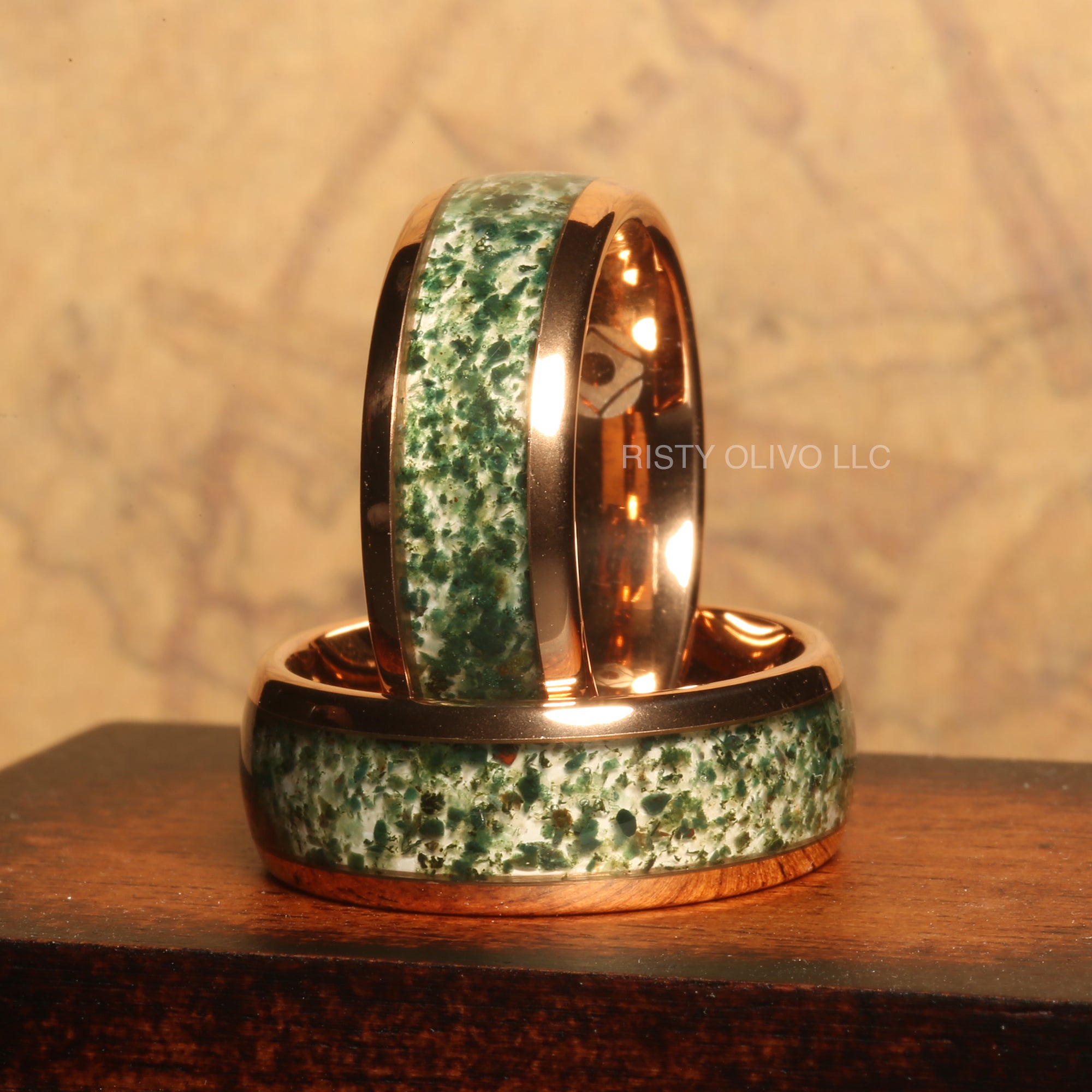 Moss Agate Ring for Men | 8mm Rose Gold Tungsten Wedding Band