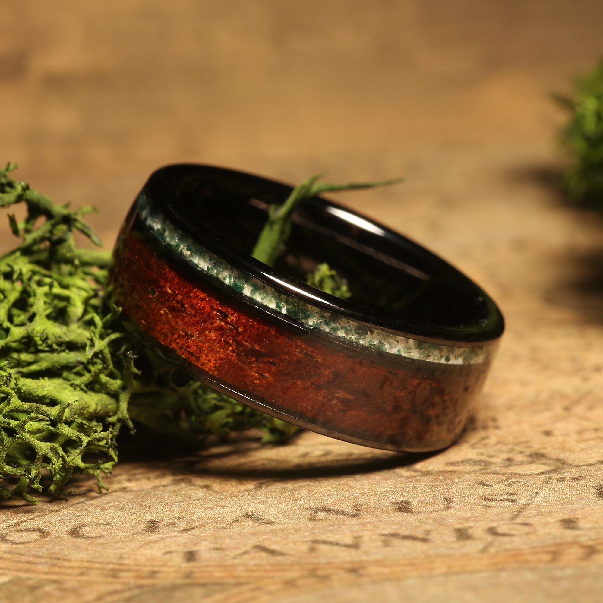 Koa Wood Moss Agate Wedding Band for Men | 8mm Black Tungsten Ring