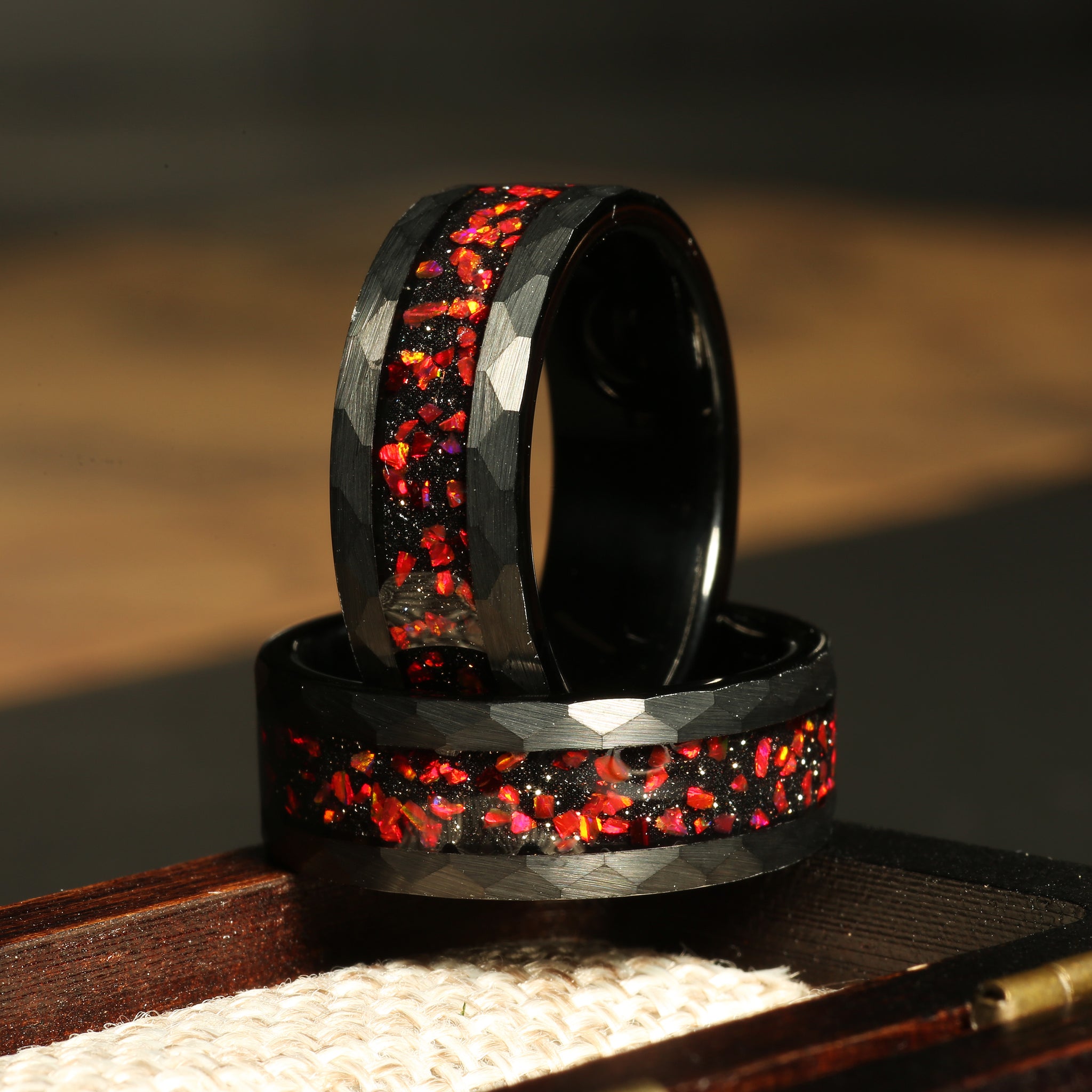 Obsidian Garnet Wedding Band for Men | 8mm Black Hammered Tungsten Ring