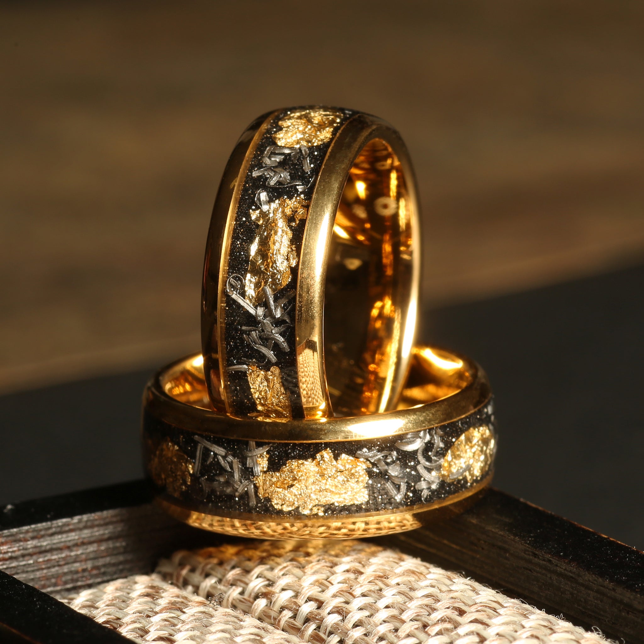 Obsidian Meteorite Gold Leaf Wedding Band for Men | 8mm Yellow Gold Tungsten Ring