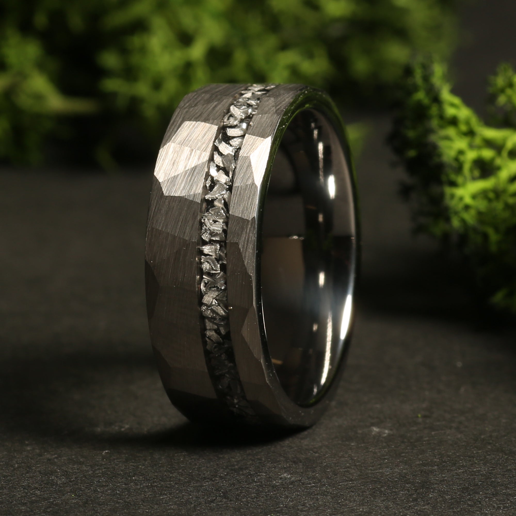 Silver Hammered Meteorite Wedding Band for Men | 8mm Tungsten Ring