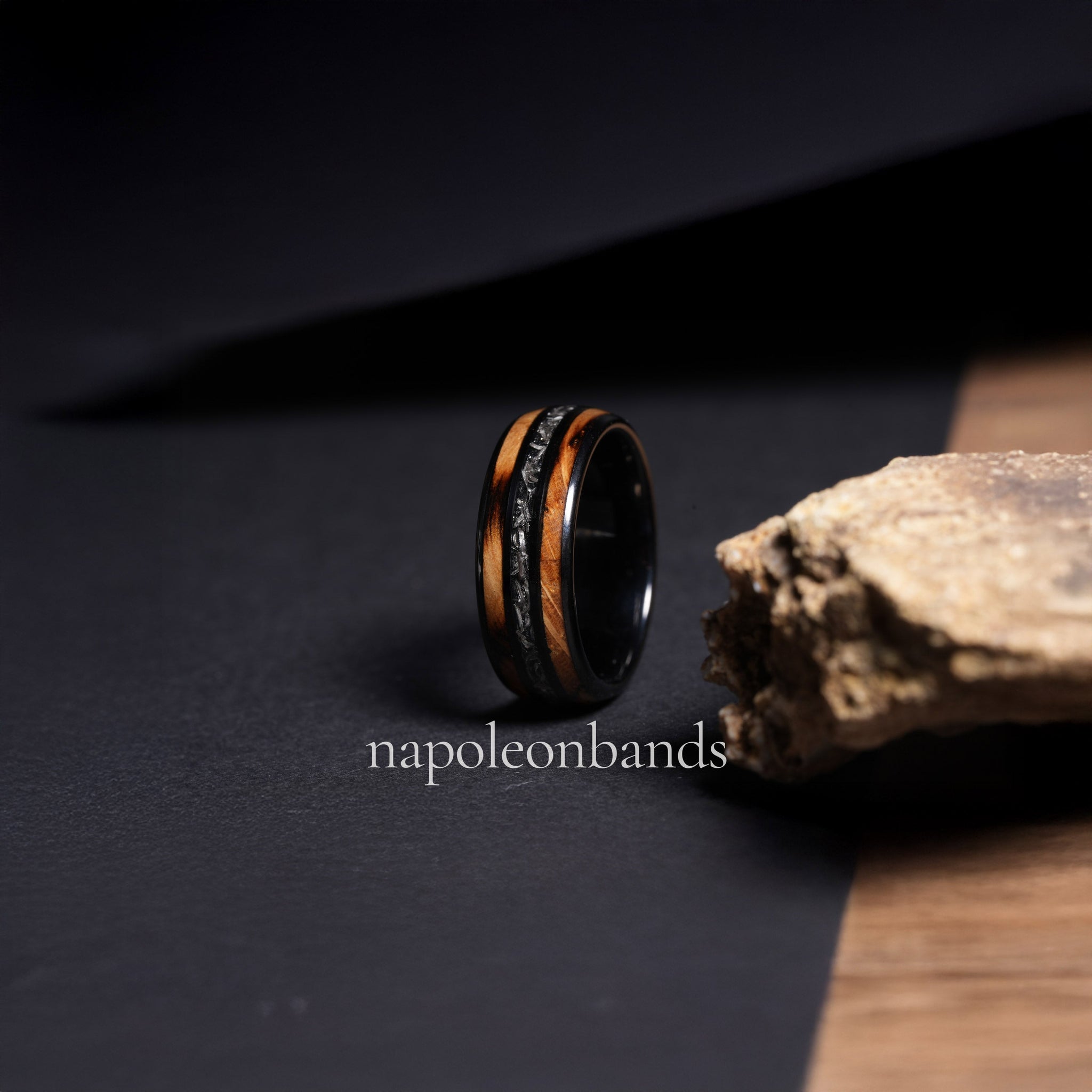 Whiskey Barrel Meteorite Wedding Band for Men | 8mm Domed Black Tungsten Ring