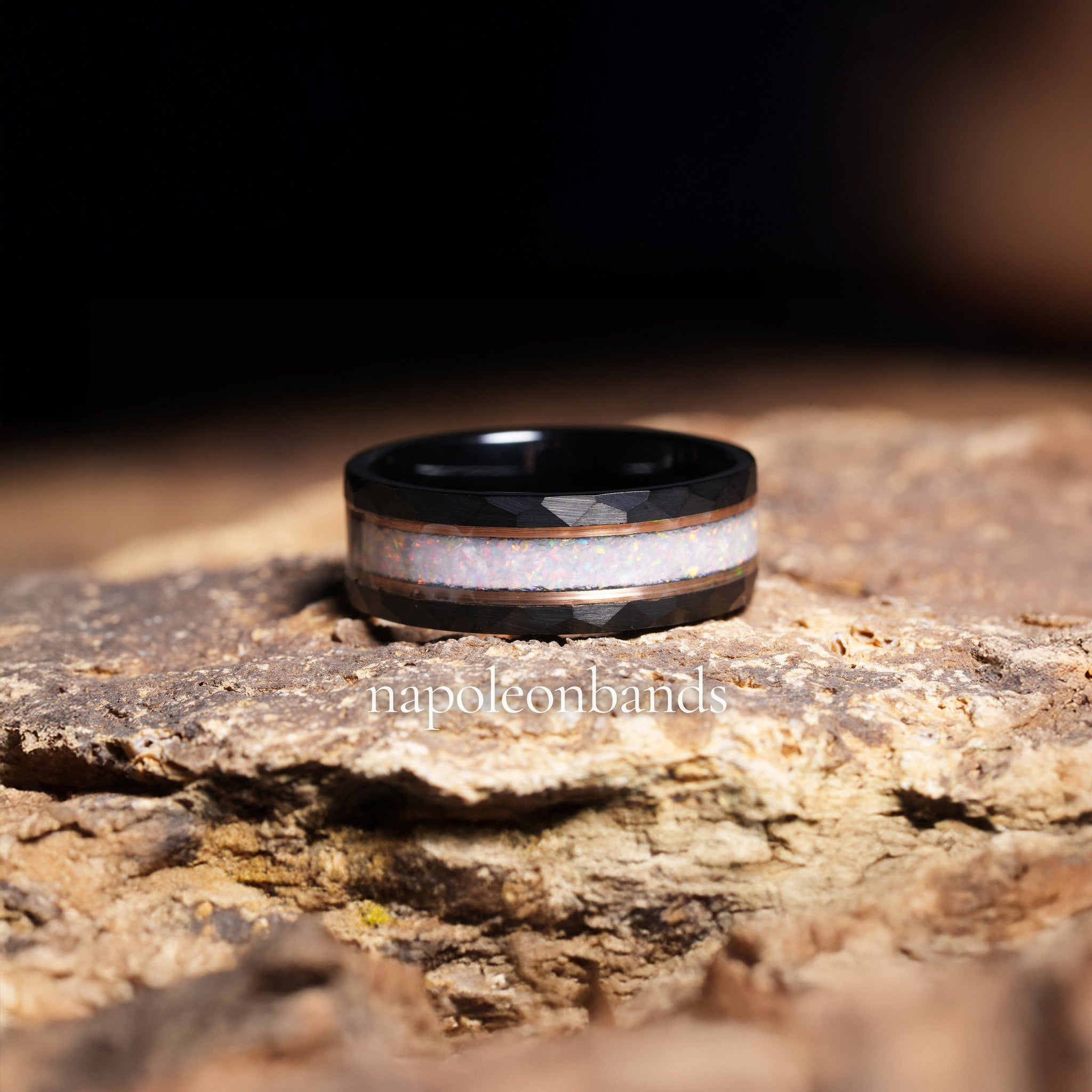 White Opal Rose Gold Strip Wedding Band for Men | 8mm Black Hammered Tungsten Ring