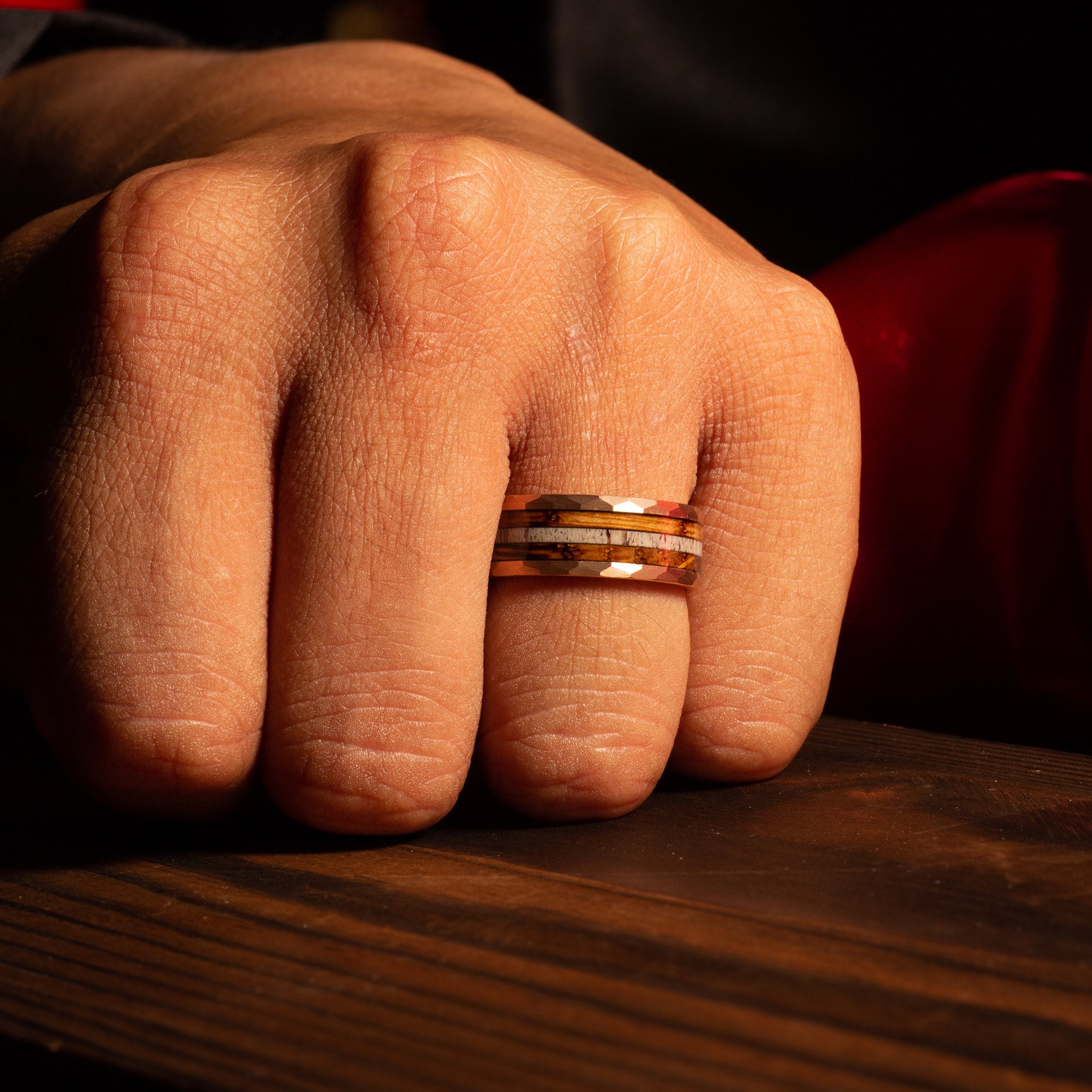 Elk Whiskey Barrel Deer Antler Wedding Band for Men | 8mm Rose Gold Tungsten Ring