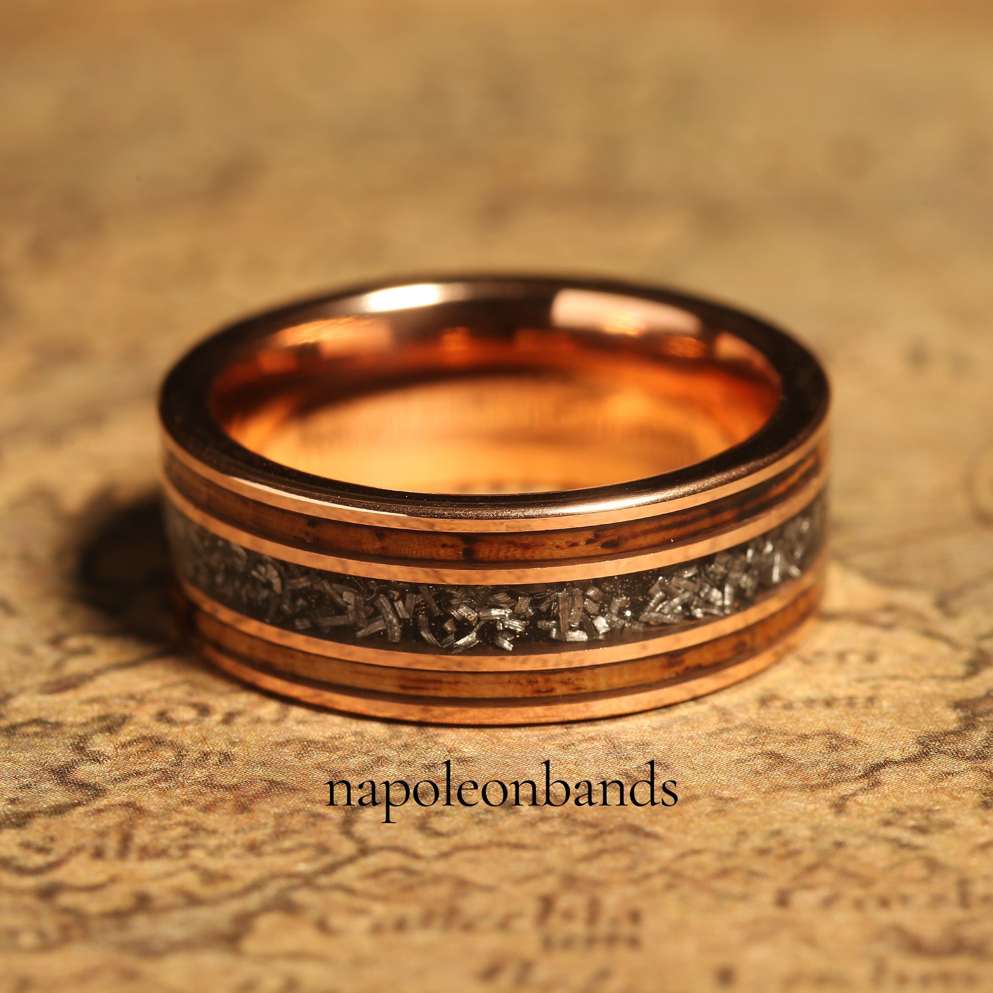 Whiskey Barrel Meteorite Wedding Band for Men | 8mm Rose Gold Tungsten Ring