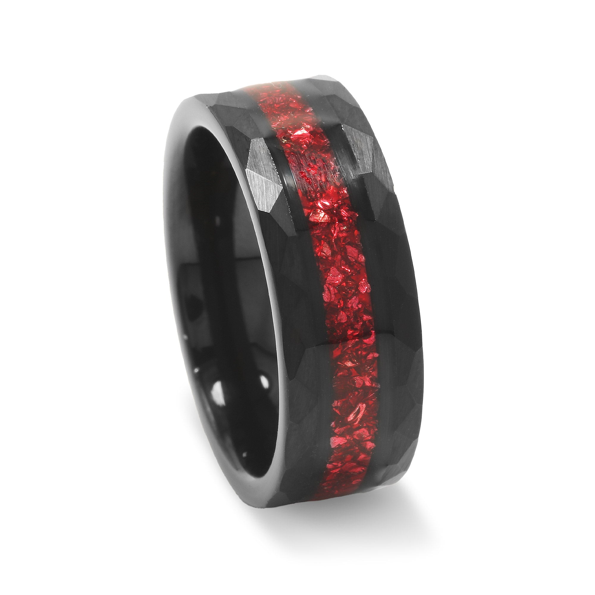 Ruby Wedding Band for Men | 8mm Black Hammered Tungsten Ring