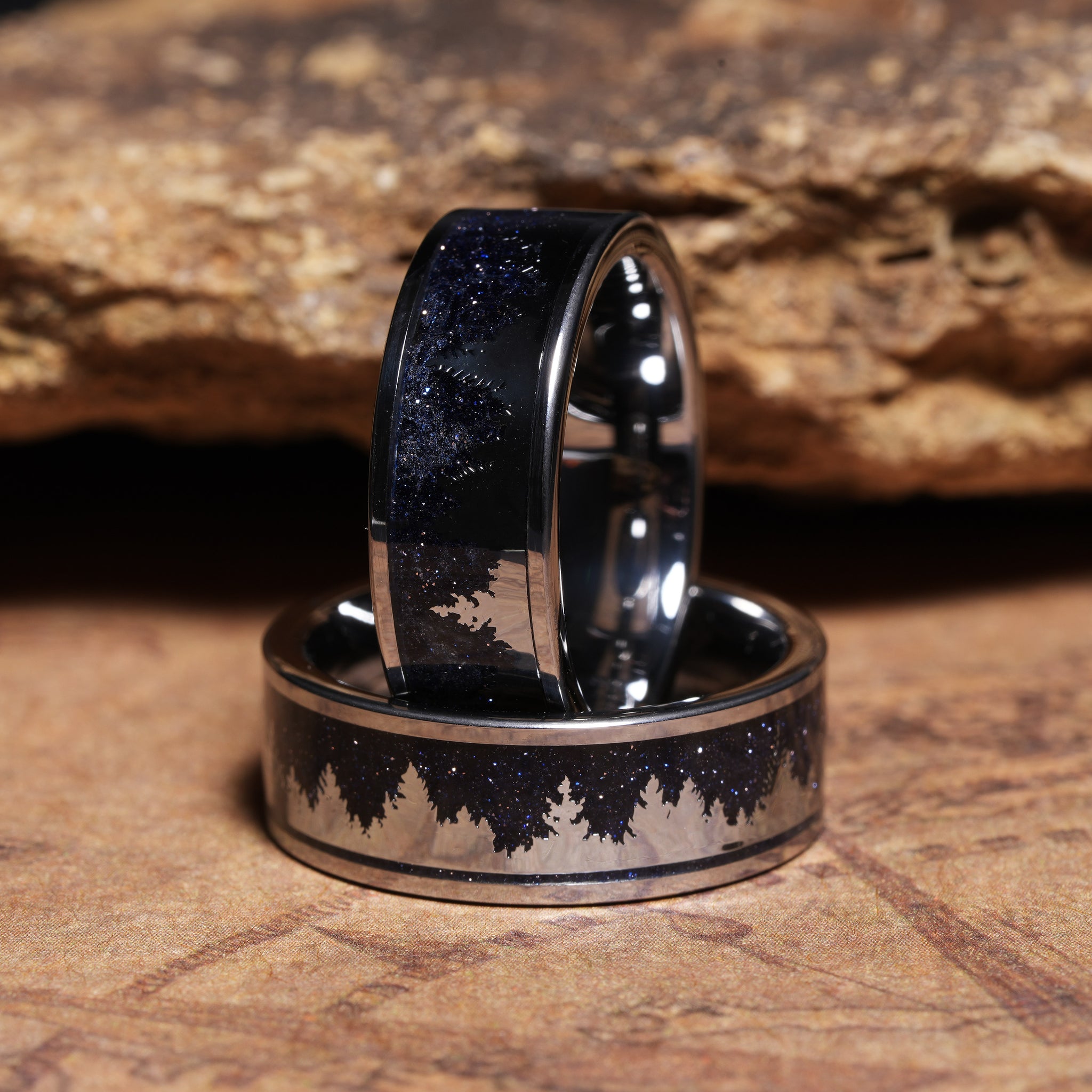 Treeline Blue Sandstone Wedding Band for Men | 8mm Silver Tungsten Ring