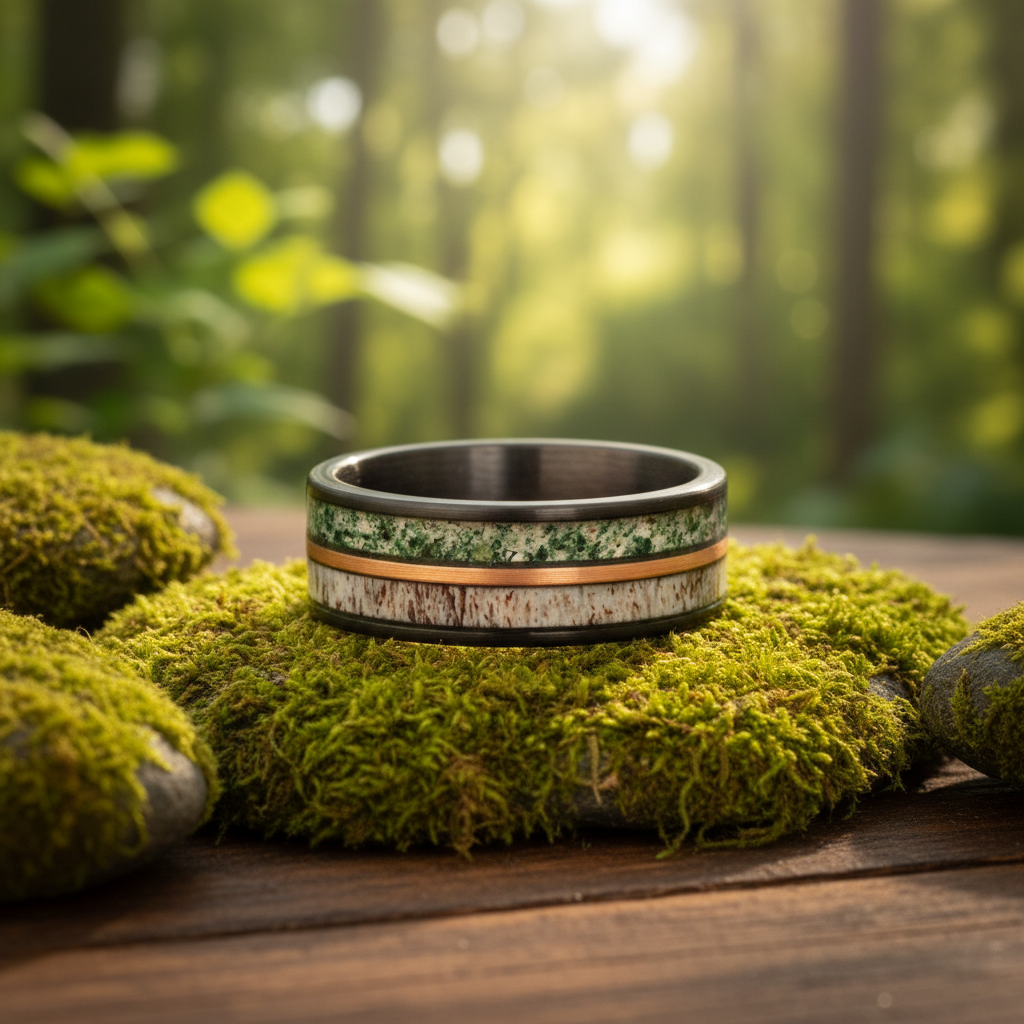 Moss Agate Deer Antler Wedding Band for Men | 8mm Rose Gold Tungsten Ring