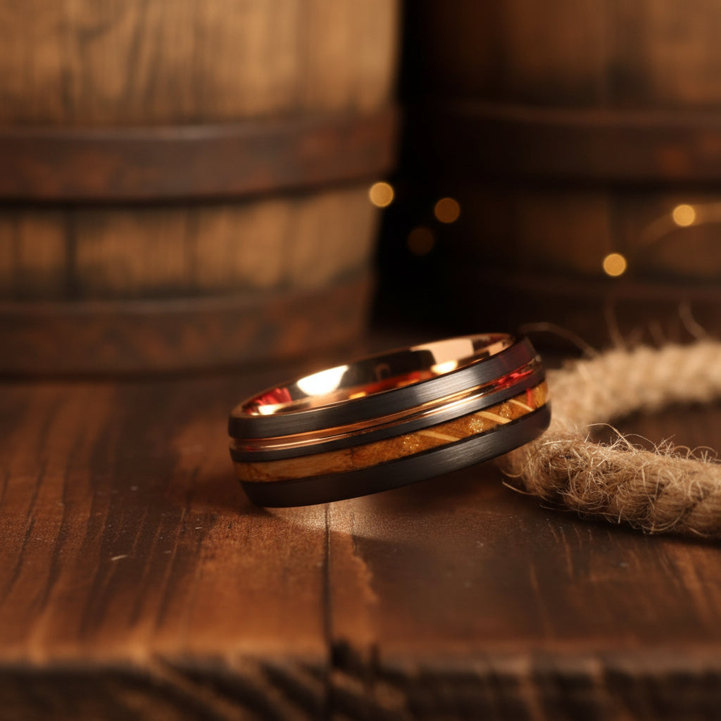 Whiskey Barrel Wedding Band for Men | Black Tungsten Ring with Rose Gold Interior