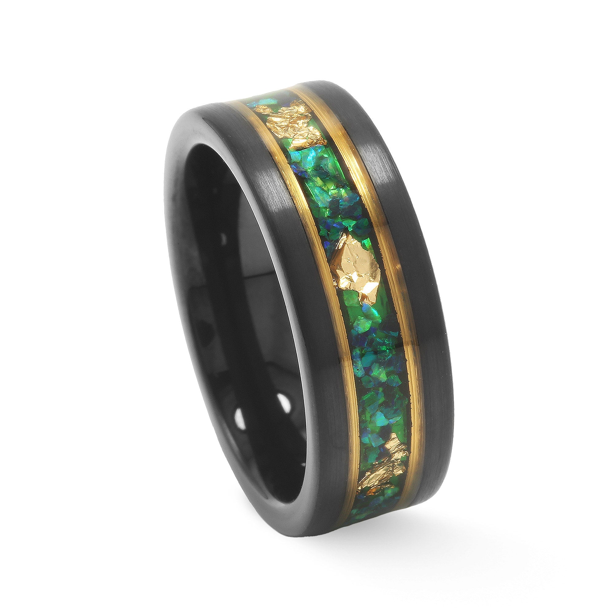 Green Garnet Meteorite Wedding Band for Men | 8mm Yellow Gold Tungsten Ring