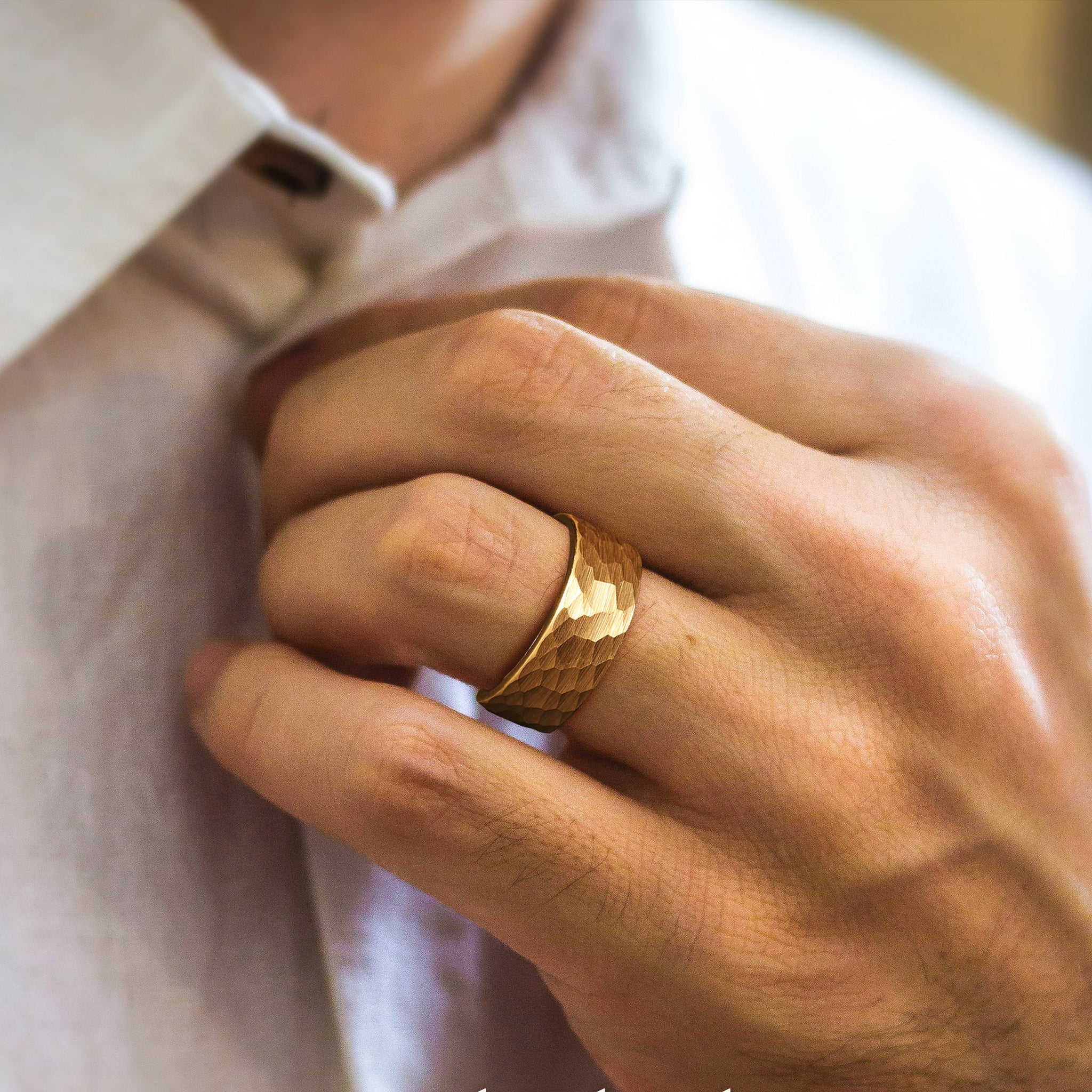 Minimalist Gold Wedding Band for Men | 8mm Hammered Tungsten Ring