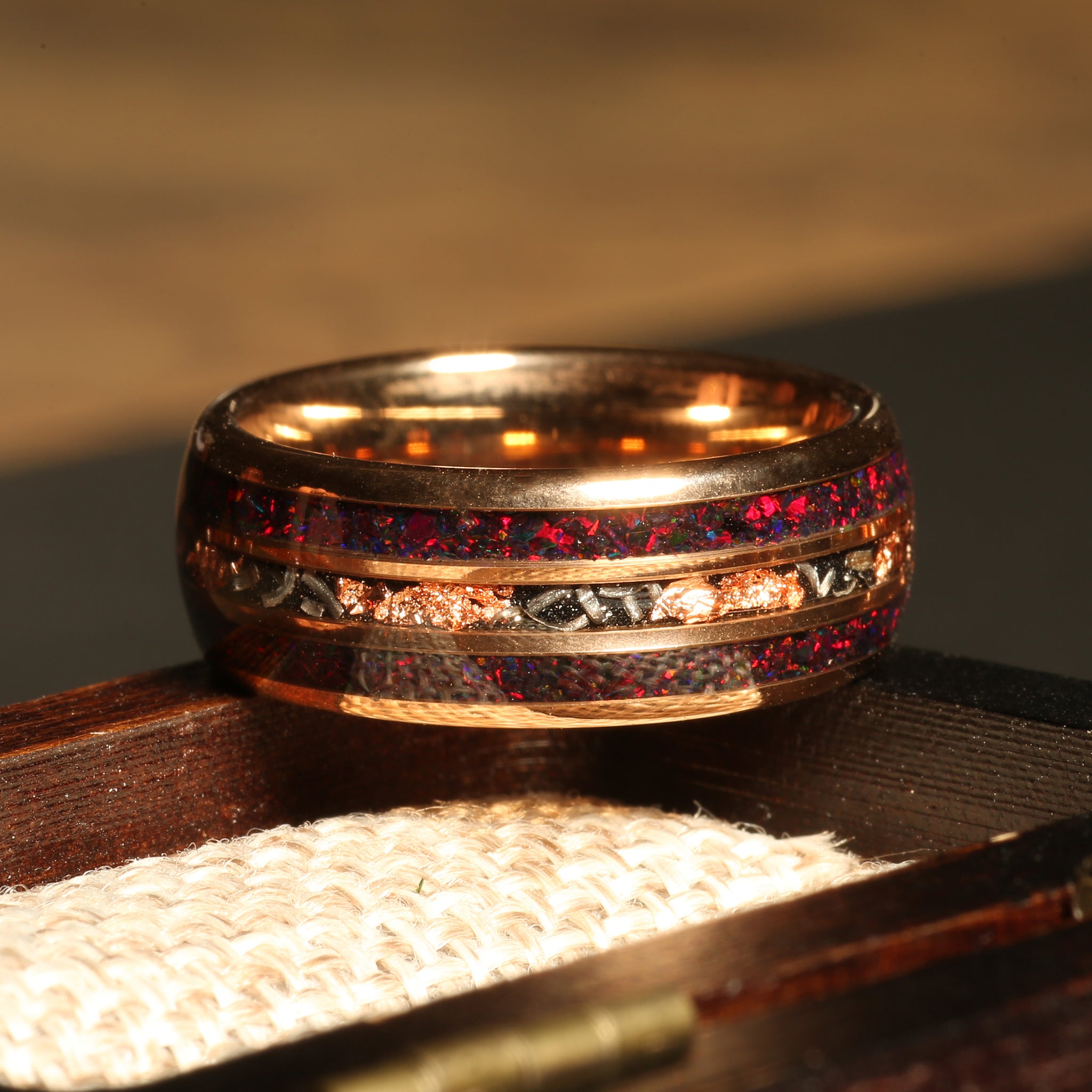 Meteorite Gold Leaf Garnet Wedding Band for Men | 8mm Rose Gold Tungsten Ring