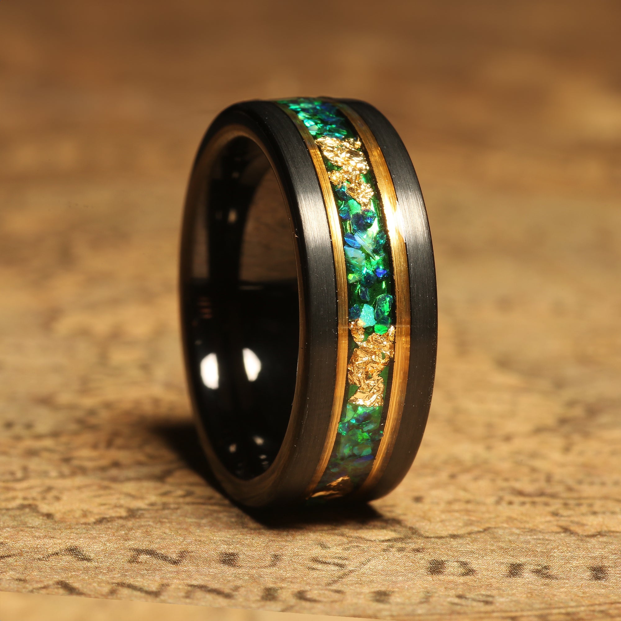 Green Garnet Meteorite Wedding Band for Men | 8mm Yellow Gold Tungsten Ring