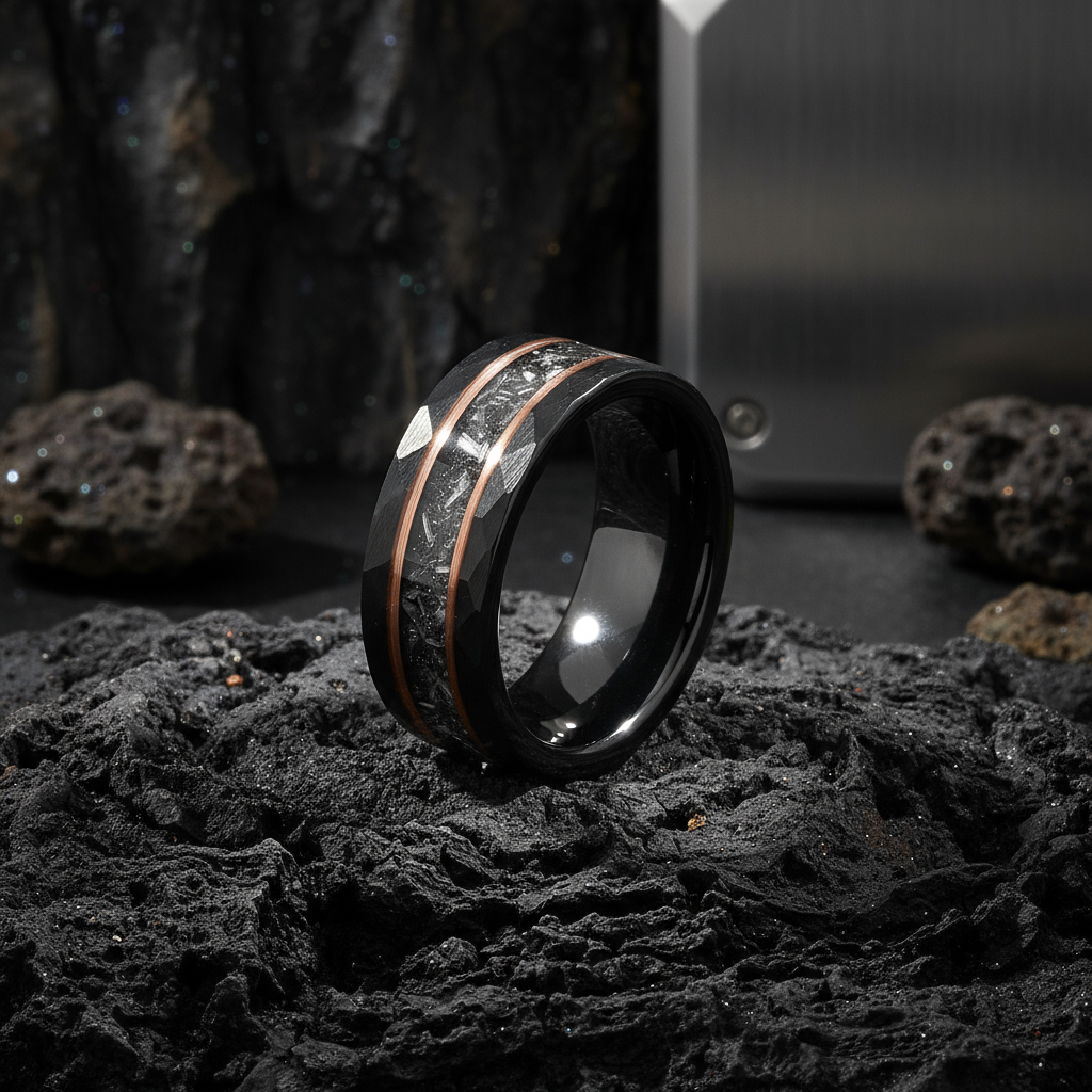 Meteorite Rose Gold Strip Wedding Band for Men | 8mm Black Hammered Tungsten Ring